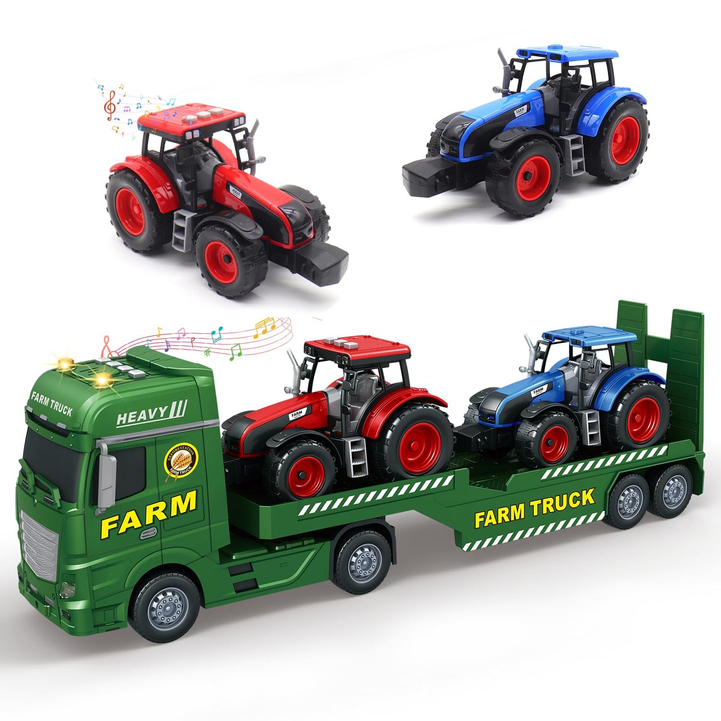 Joysweetoy 25’’ Large Flatbed Semi Truck Toy for Kids - 3 in 1 Friction Powered Farm Vehicles with 2 Tractors, Lights & Sounds - Car Toy Gift for 3 4 5 6 7 8 Year Old Boys Girls Toddlers