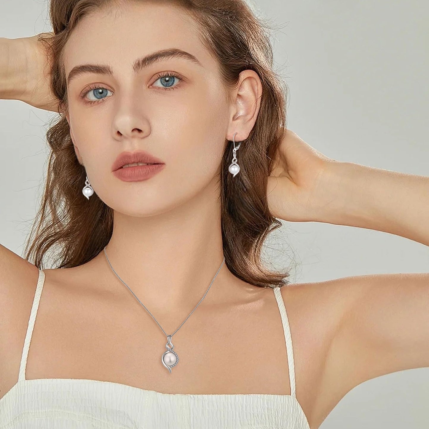 Rocayi Pearl 925 Sterling Silver Infinity Earrings and Necklace Jewelry Set for Women