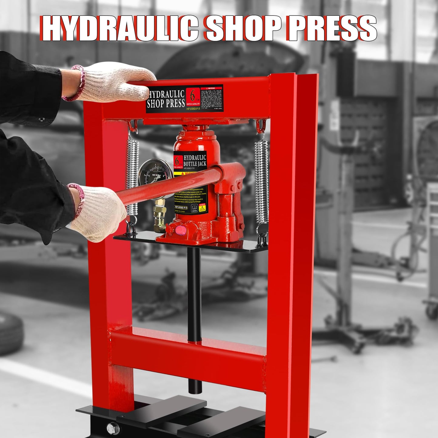 6 Ton Hydraulic Shop Press, H-Frame Garage Floor Adjustable Shop Press with Stamping Plates & Pressure Gauge to Bend, Straighten, Or Press Parts, Install Bearings and U-Joints