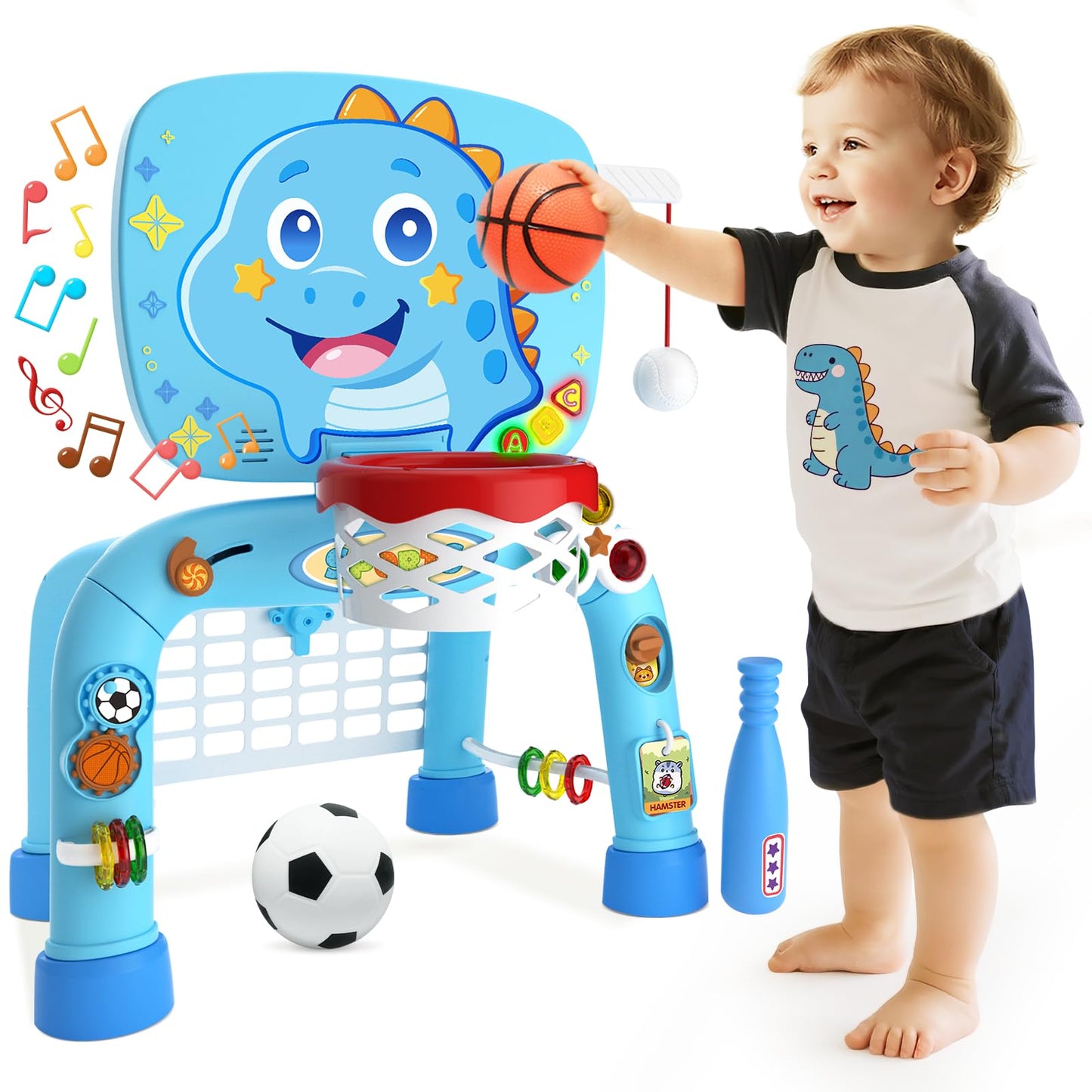 Toys for 1 Year Old Boy - Toddler Basketball Hoop & Soccer Goal & Baseball Activity Center with Light Sound Music, Dinosaur Montessori Sports Toy, Christmas Birthday Gift for Baby 12-18 Months, Blue