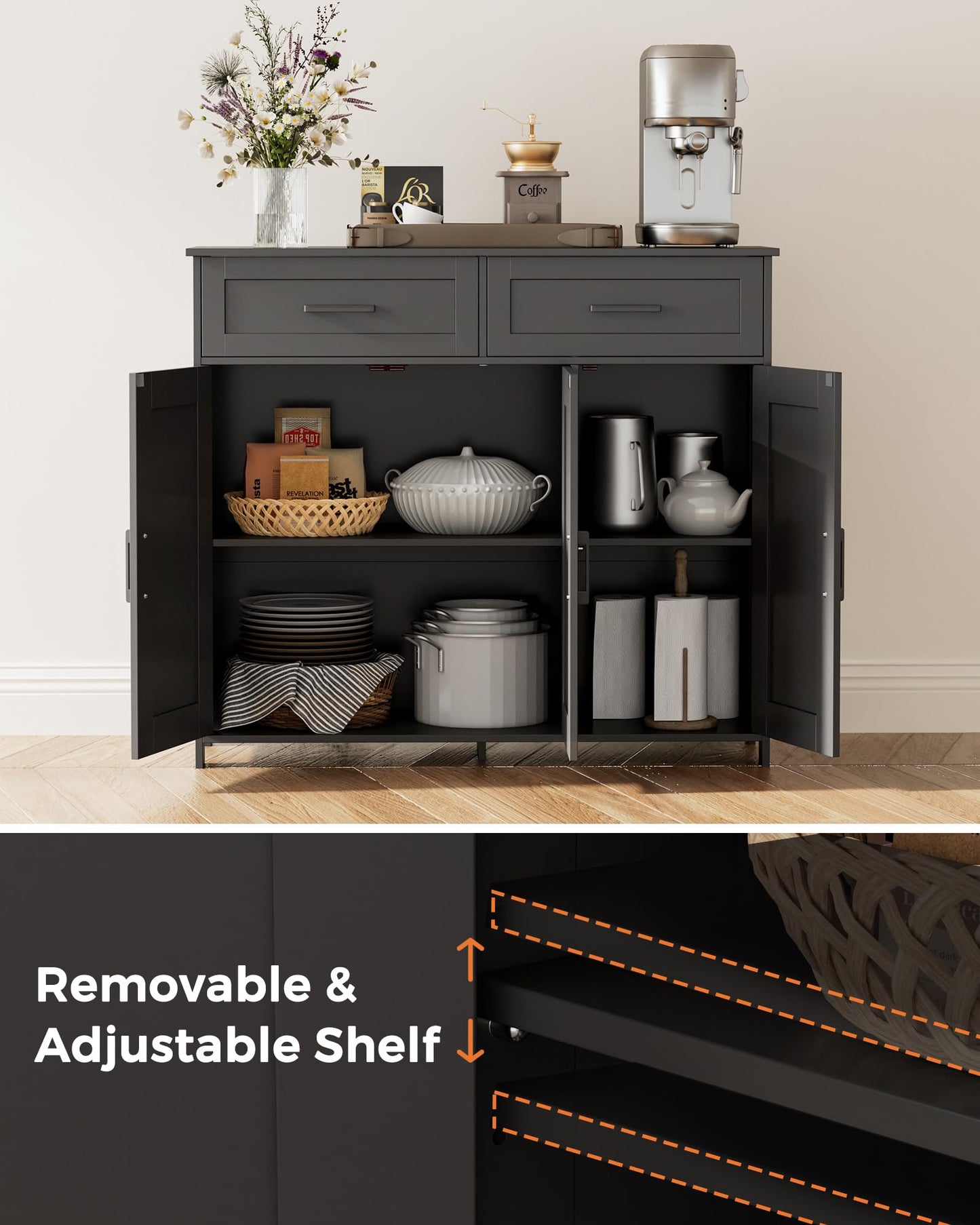 Homhedy Sideboard Buffet Cabinet, Coffee Bar Storage Cabinet with Drawers and Doors, Farmhouse Kitchen Cabinet with Adjustable Shelves, for Kitchen, Dining Room, Living Room, Black