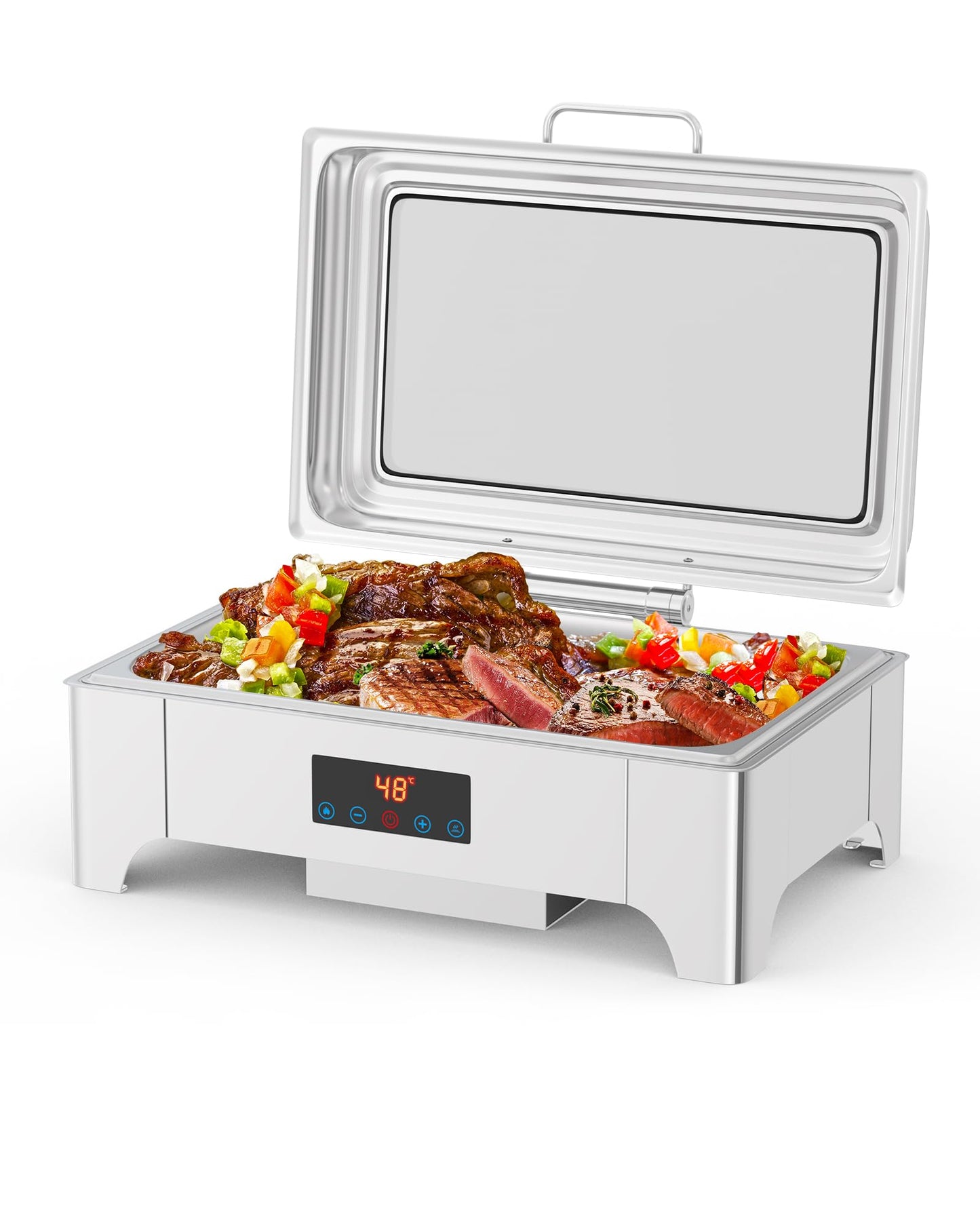 Electric Chafing Dish, 9 QT Full Size Touch Screen Chafing Dishes for Buffet Roll Top Set Food Servers and Warmer with Glass Lid for Catering, Parties, Weddings, Silver