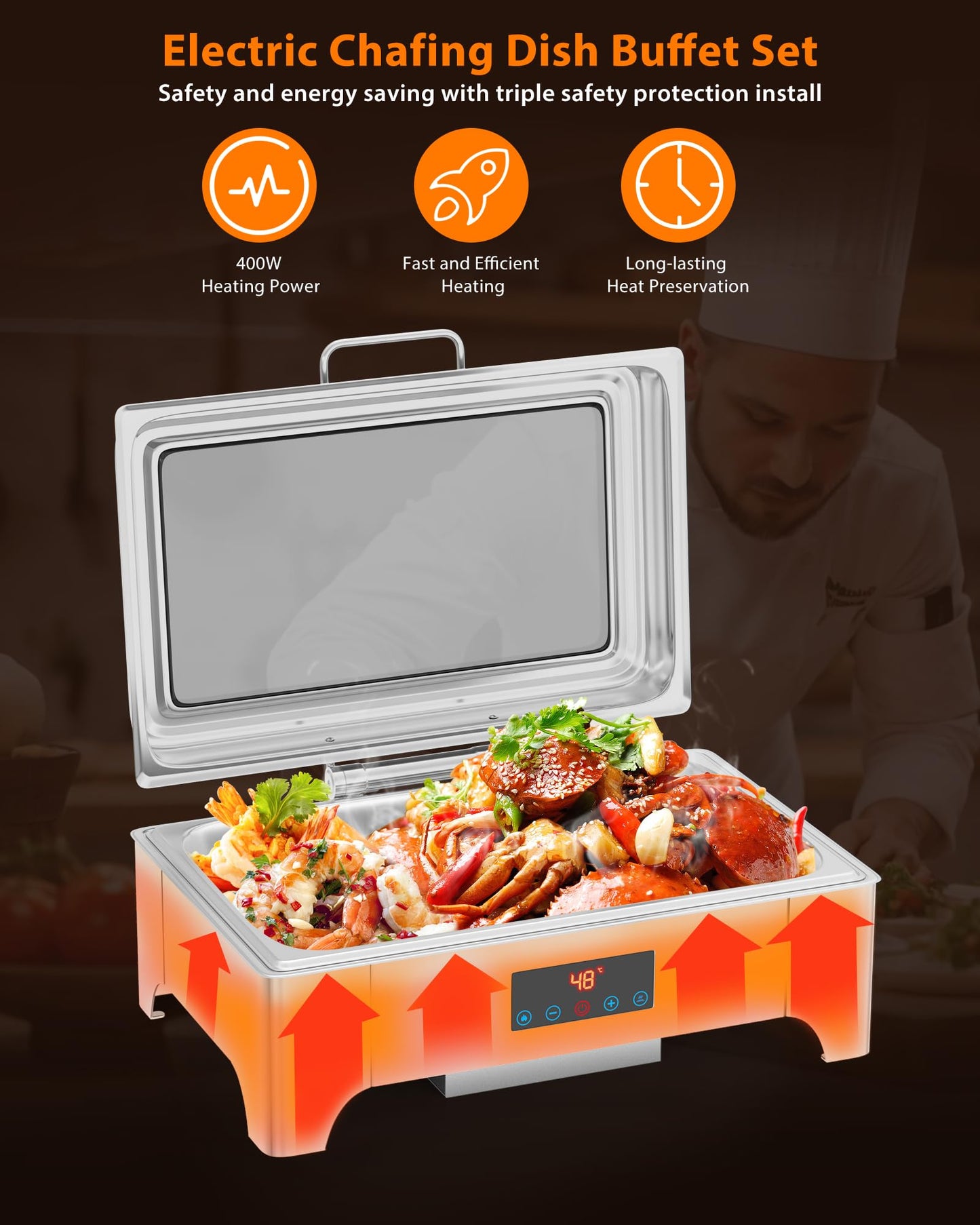Electric Chafing Dish, 9 QT Full Size Touch Screen Chafing Dishes for Buffet Roll Top Set Food Servers and Warmer with Glass Lid for Catering, Parties, Weddings, Silver