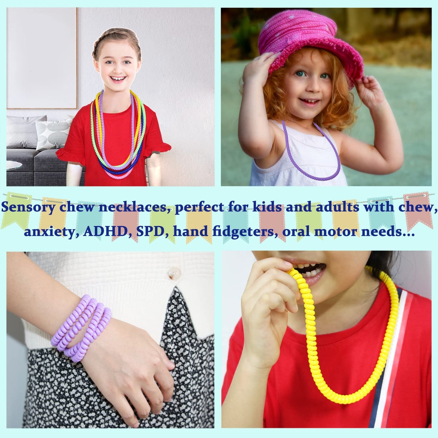 Olugu Sensory Chew Necklaces Bracelets for Boys and Girls, 16 Pack Stretchy Fidget Toys for Kids with Autism ADHD SPD, Oral Motor Aids Bracelet necklace set Jewelry Reduce Biting Stress and Anxiety