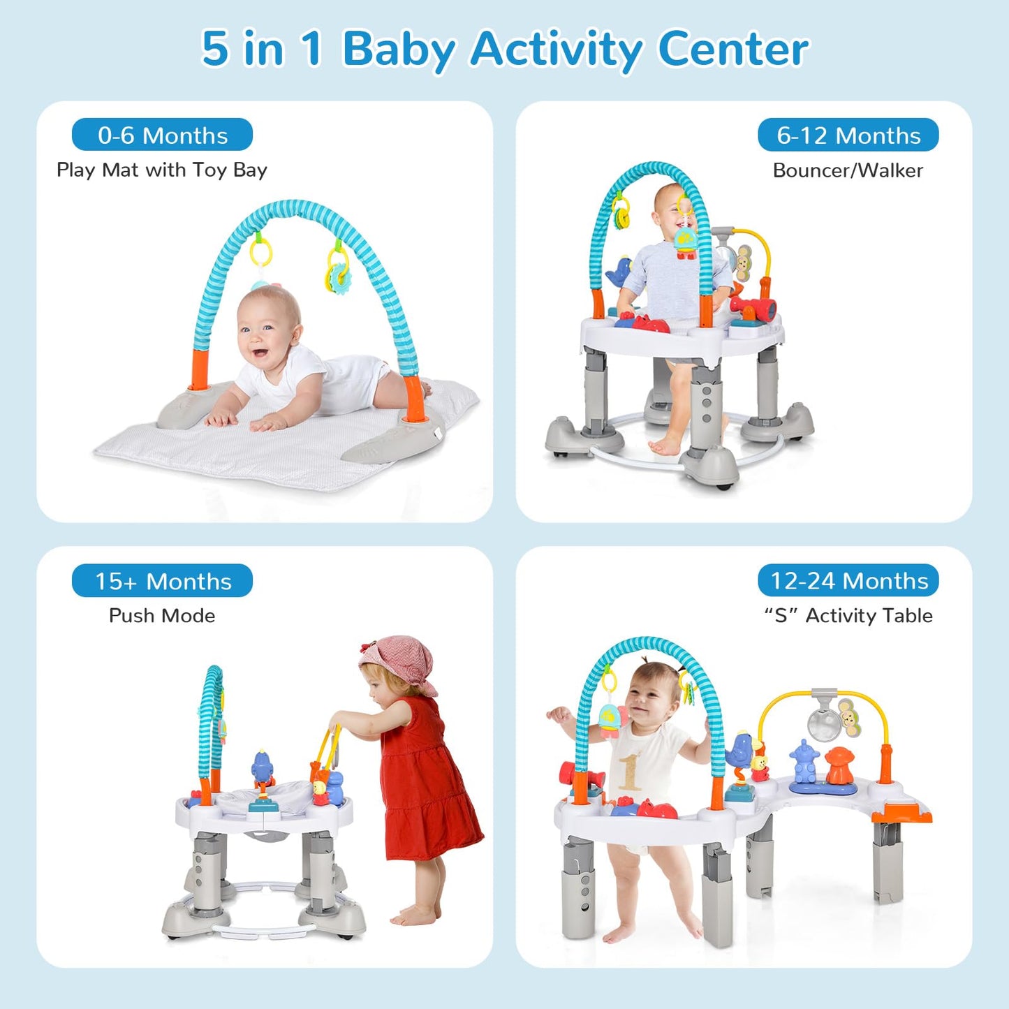 INFANS Baby Bouncer Activity Center, 5 in 1 Toddler Bouncing Activity Saucer Playtime Mat Activity Table with 360°Rotating Seat, 3 Adjustable Height, Foldable Exersaucer Learning Walker (Light Grey)