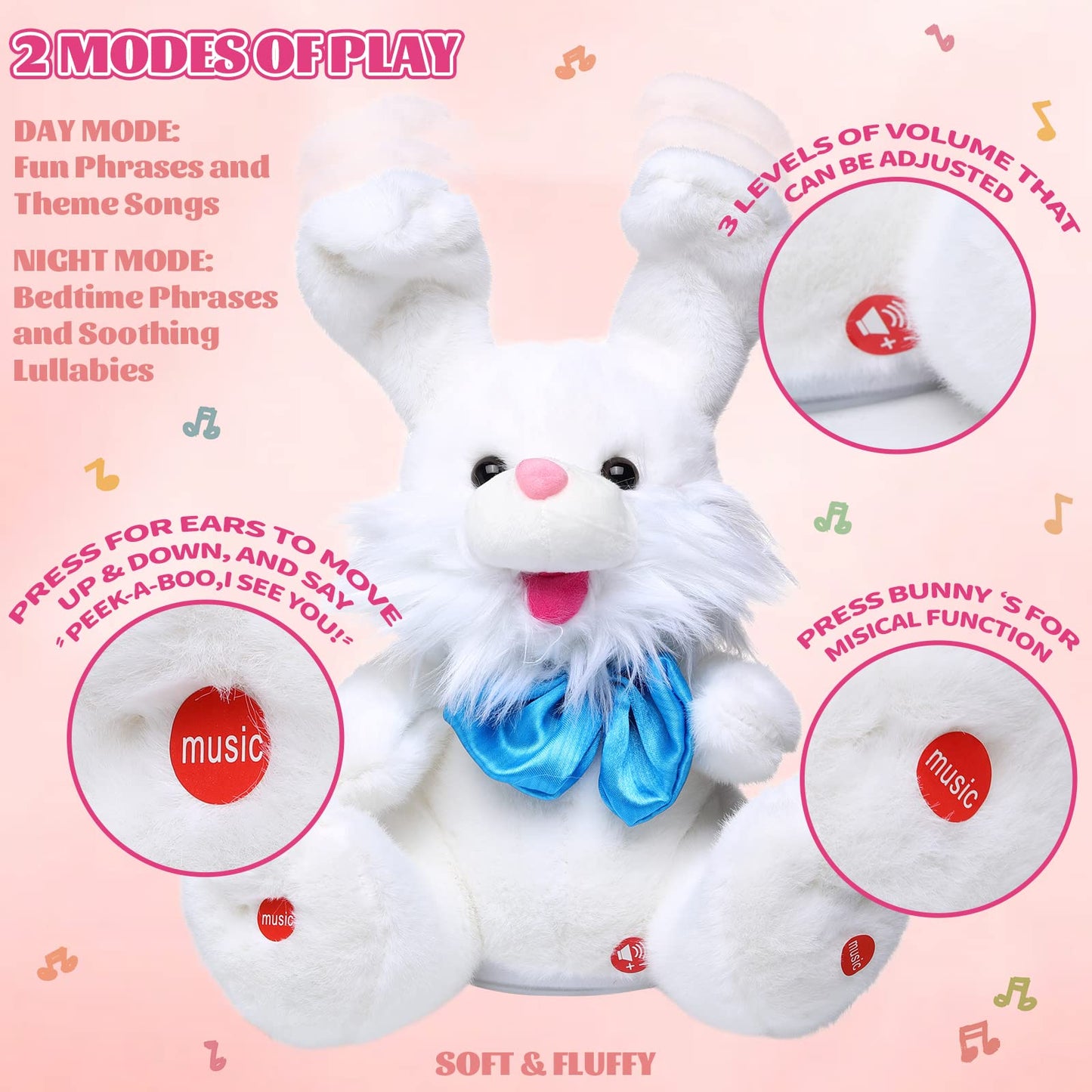Emoin Easter Bunny Stuffed Animals Bunny Plush Baby Toys Bunny Peek-A-Boo Toys Repeats What You Say Singing with Floppy Ears Birthday Gift for Toddler 7 8 9 10 11 Months 1-2 Year Old（White）