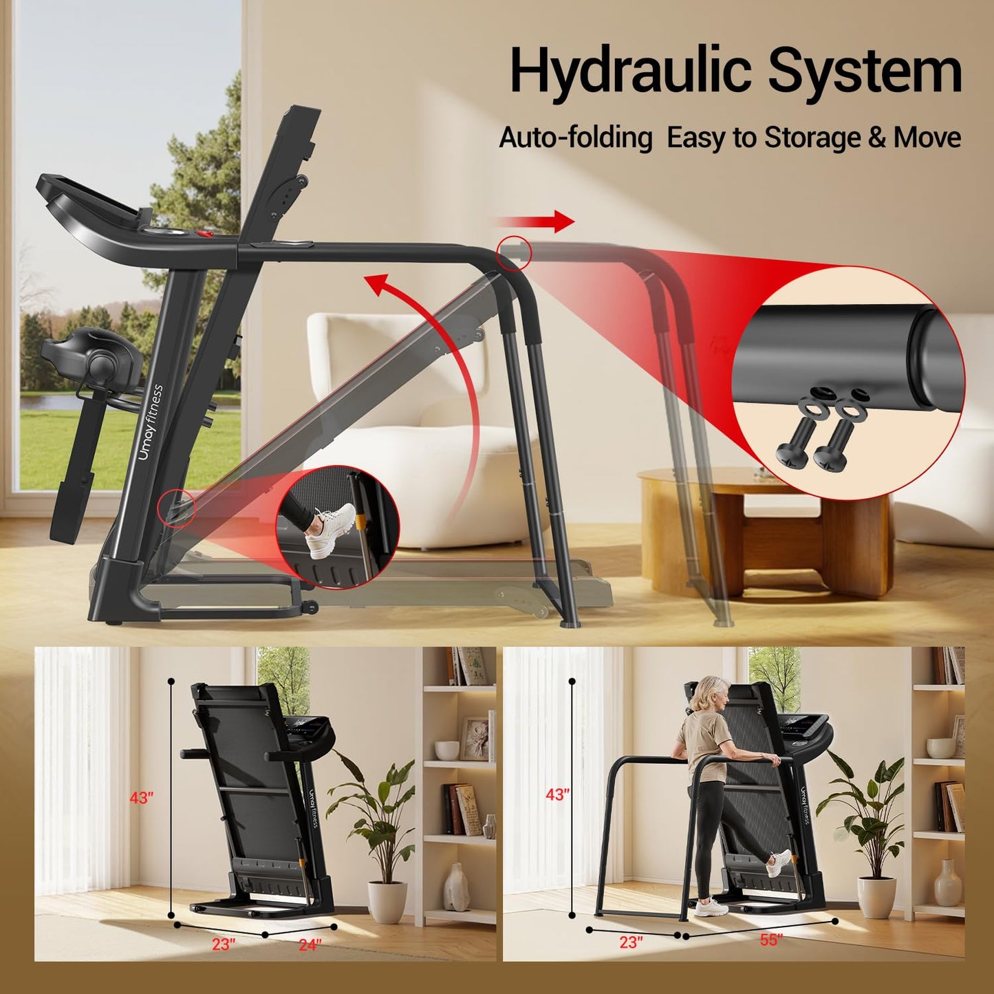 UMAY Fitness Compact Home Treadmill with Auto/No Incline, 3.0/3.5HP Quiet Brushless, 8.7 MPH Speed & 16.2"×42.5" Running Area (0 Incline with handrail)
