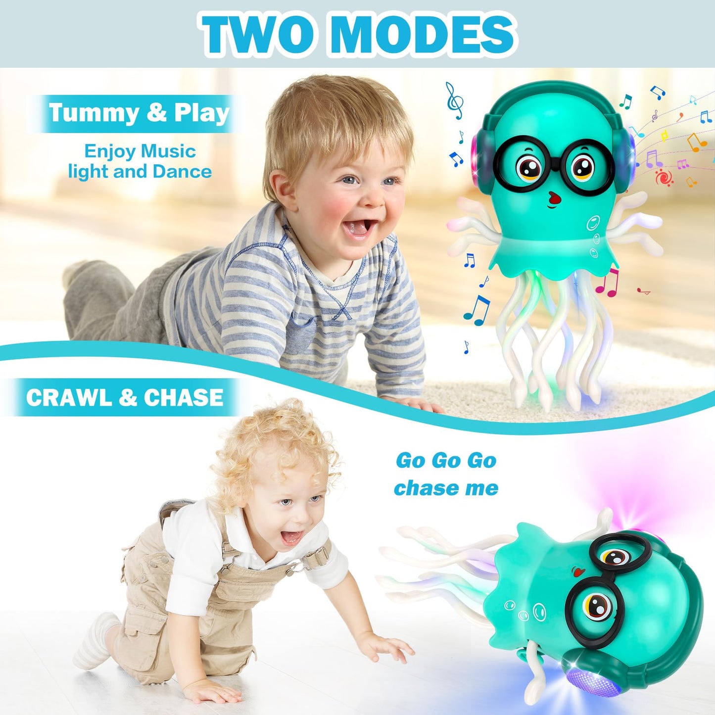 Dancing Octopus Baby Toys, Light Up Music Tummy Time Toys with 2 Flash Lights,Moving Electric Crawling Squid Toy for Babies with 1 Wheel,Baby Toy for 3 4 5 Year Old Boy Girl Christmas Birthday Gifts