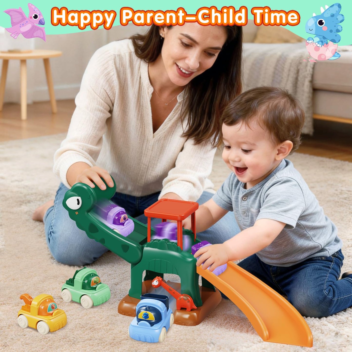 CRATIVWOOD Dinosaur Car Ramp Slide Toy for Toddlers — 4 Push Cars with Race Track, Baby Slide Indoor Toy, Montessori Learning Birthday Gift for Boys Girls 1 2 3 Year Old (Green)
