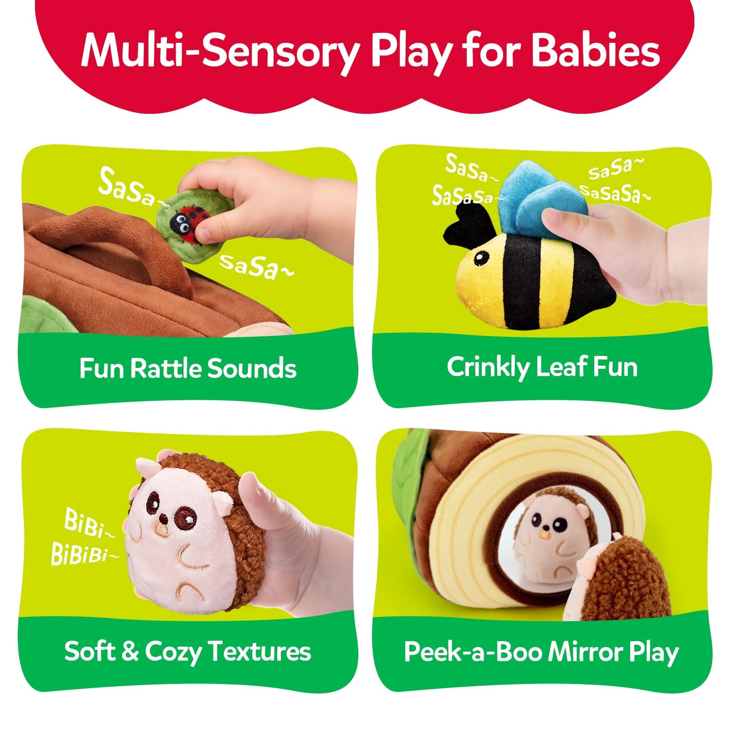 CuteZone Baby Toys 6-12 Months, Stuffed Animals for Babies, Soft Plush Forest Sensory Toy Set with Rattle, Crinkle, Mirror and Tree Stump Storage, Cause and Effect Baby Boy Girl Gifts