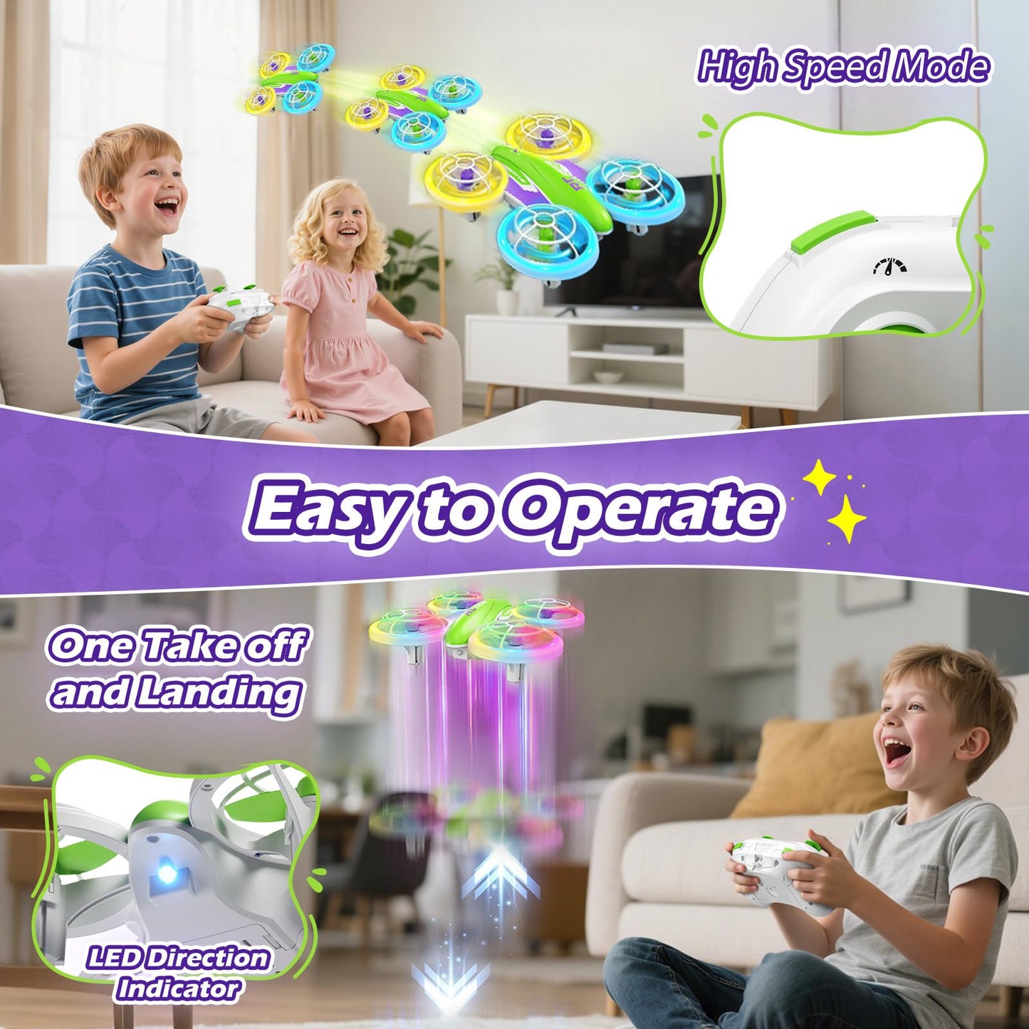 LED RC Drone for Kids 6+, Christmas Birthday Gift for Boys & Girls with Remote Batteries, 360° Flip, High Speed Mode, 45 Min Flight Indoor and Outdoor Flying Toy - GreenPurple