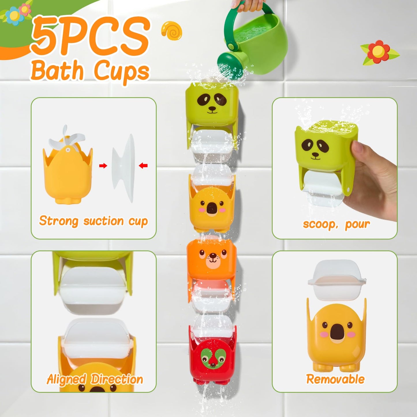 Mold Free Bath Toys, 17PCS | Easy Clean Easy-Grip Baby Bath Toys for Kids Ages 1-3 | Bath Boats Cups Watering Can Tub Toy for Toddlers Age 2-4 | Bathtub Pool Water Toys for 1+ Year Old Boys Girl Gifts