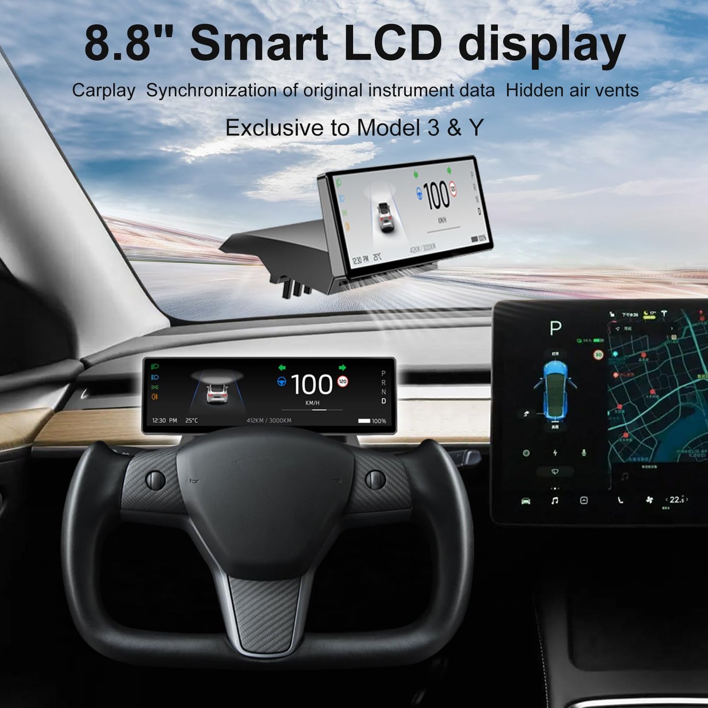 Tesstudio Head Up Display for Tesla Model 3 2017-2023 & Model Y 2019-2024,8.8" Touch Screen Instrument Cluster with CarPlay & Android Auto Real-Time Vehicle Info Display