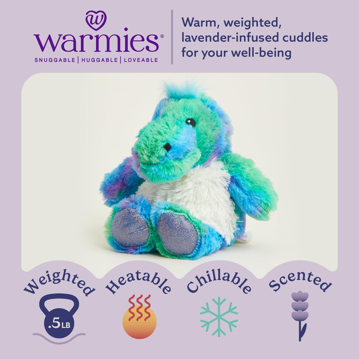 warmies Junior Microwavable & Weighted Stuffed Animals, Rainbow Dinosaur - Heated Stuffed Animal Plushie for Warmth & Comfort - Soft Plush Toys for Adults & Children (Boys, Girls, Babies & Toddlers)