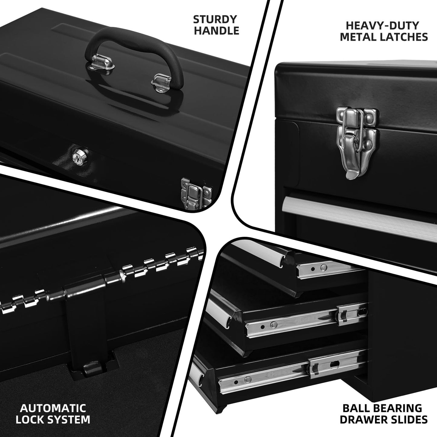 Portable Metal Tool Box with 4 Drawers - Heavy Duty Steel Tool Chest with Lock & Latch Closure for Garage, Warehouse, and Outdoor Repairs - Black