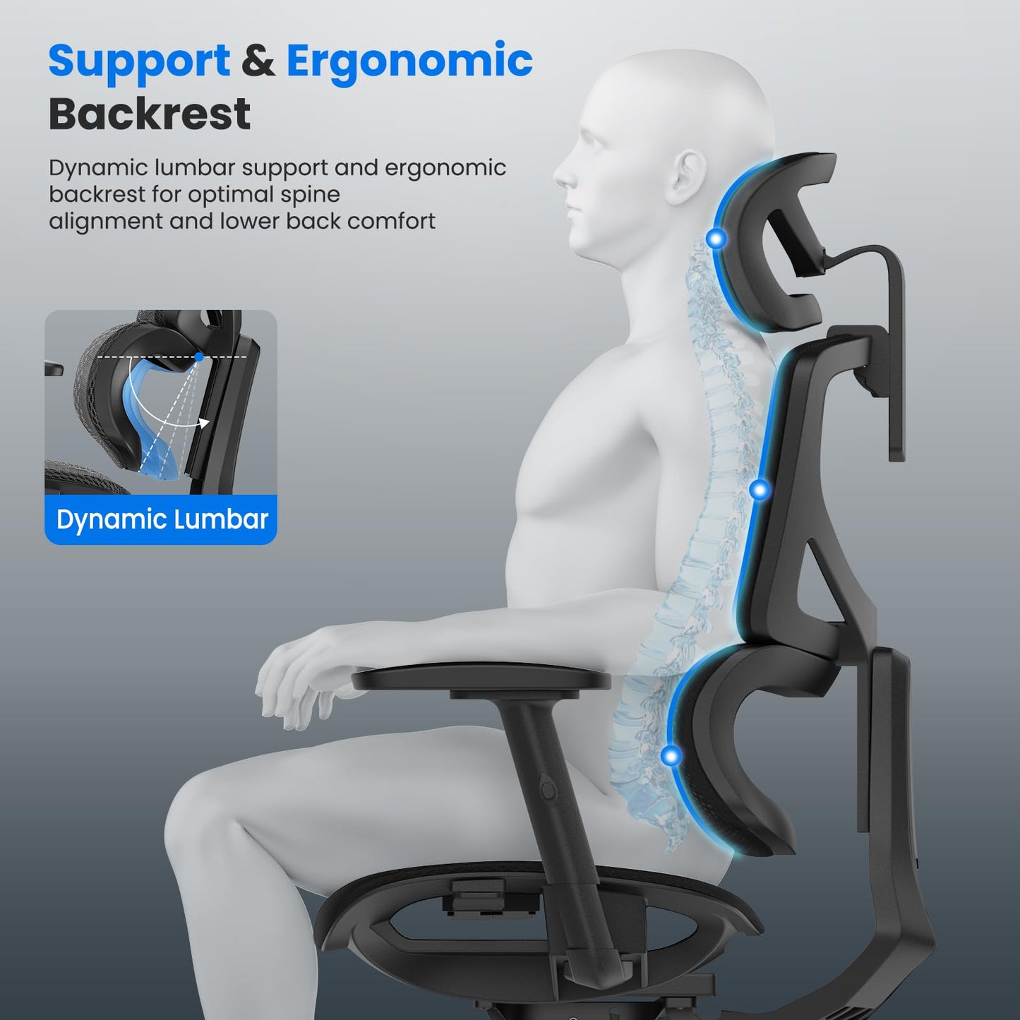 OdinLake L1 Ergo Upgrade 518 Grey Ergonomic Mesh Office Chair – Big & Tall 350lbs, Adjustable Lumbar Support, Seat Depth, Height, Headrest, Armrests, High Back Desk Chair