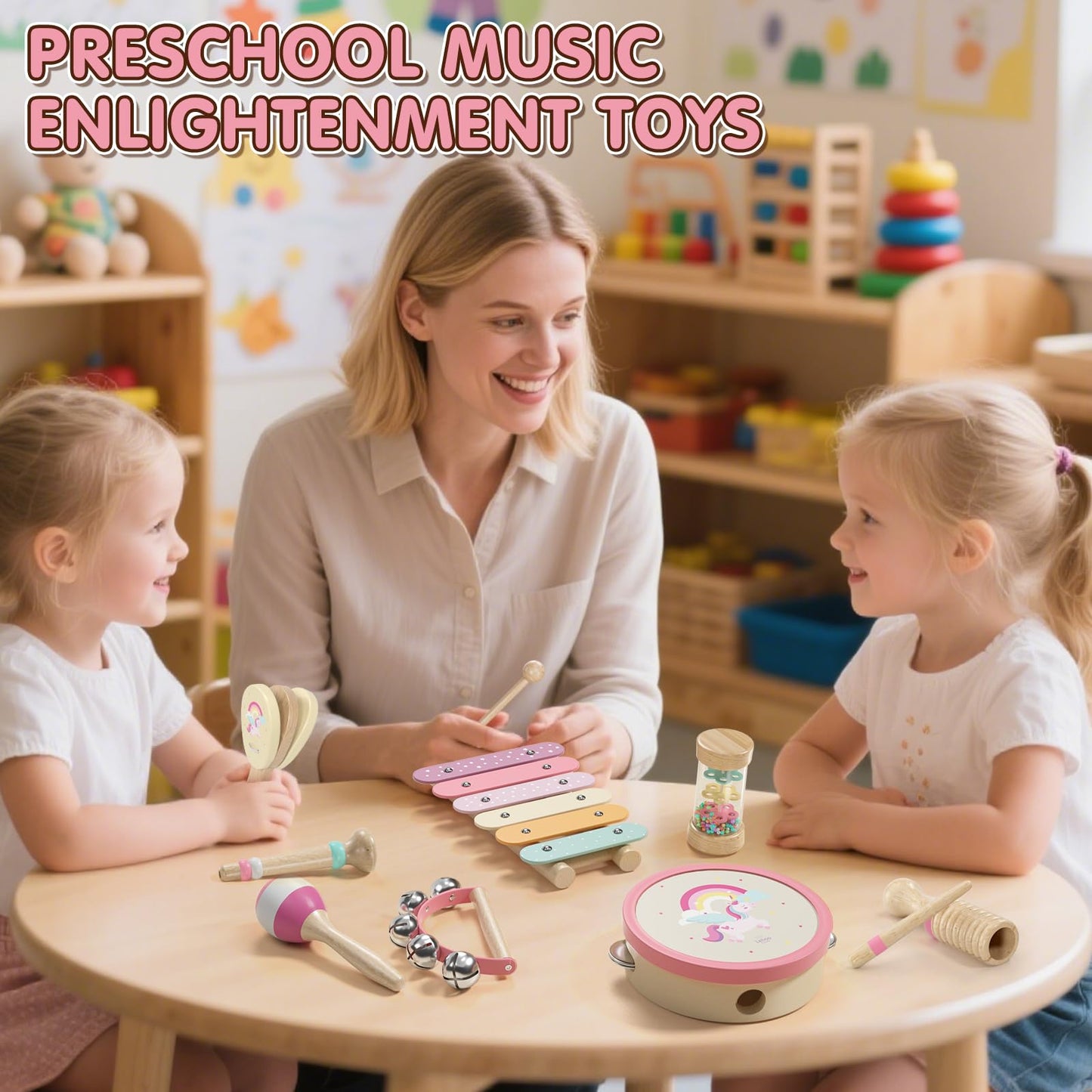 Baby Musical Instruments for Toddlers 1-3, Montessori Wooden Toys for 1 Year Old, Xylophone Maracas Percussion Set with Storage Bag, Learning Toys for Boys Girls Age 2-4, Christmas Birthday Gift, Pink
