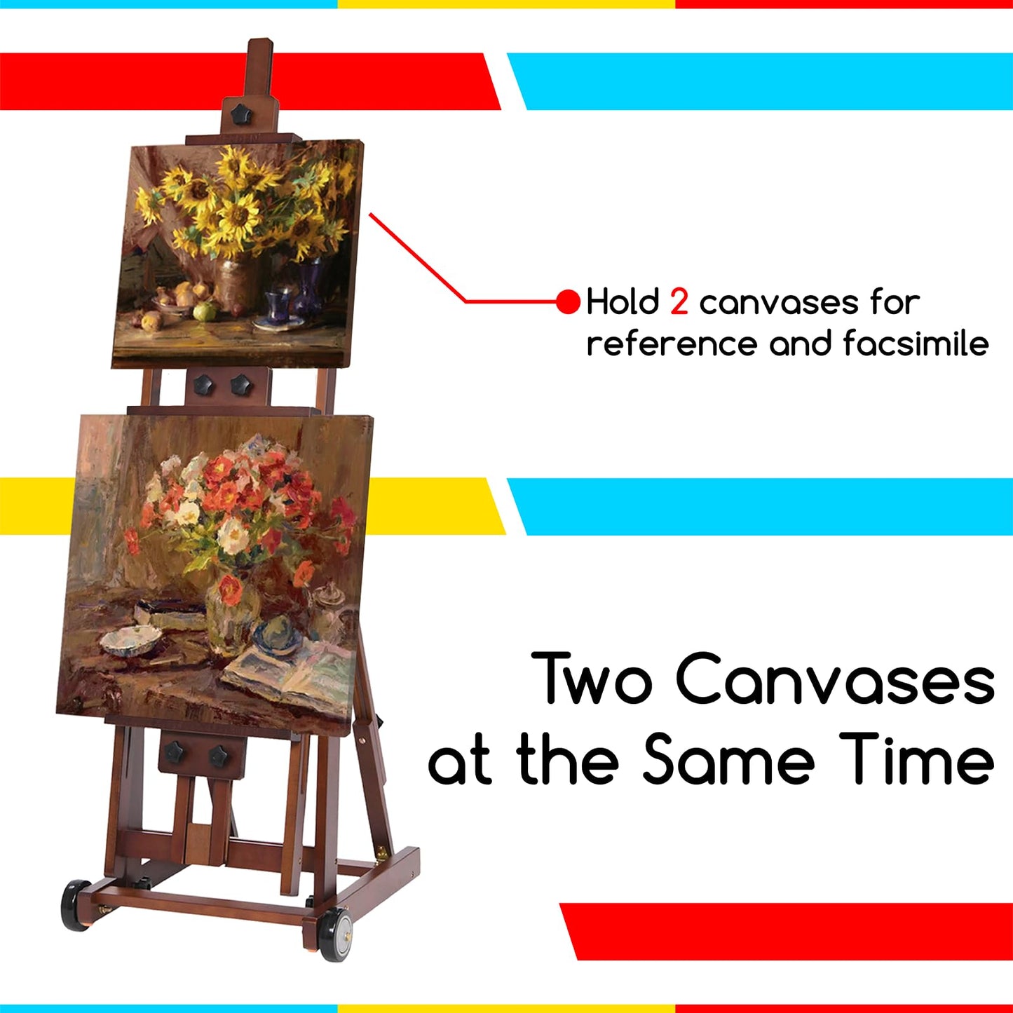 MEEDEN Studio H-Frame Easel -Adjustable Beech Wood Studio Art Easel, Painting Floor Easel Stand, Movable and Tilting Flat Available, Holds Canvas Art up to 77",Classic Walnut