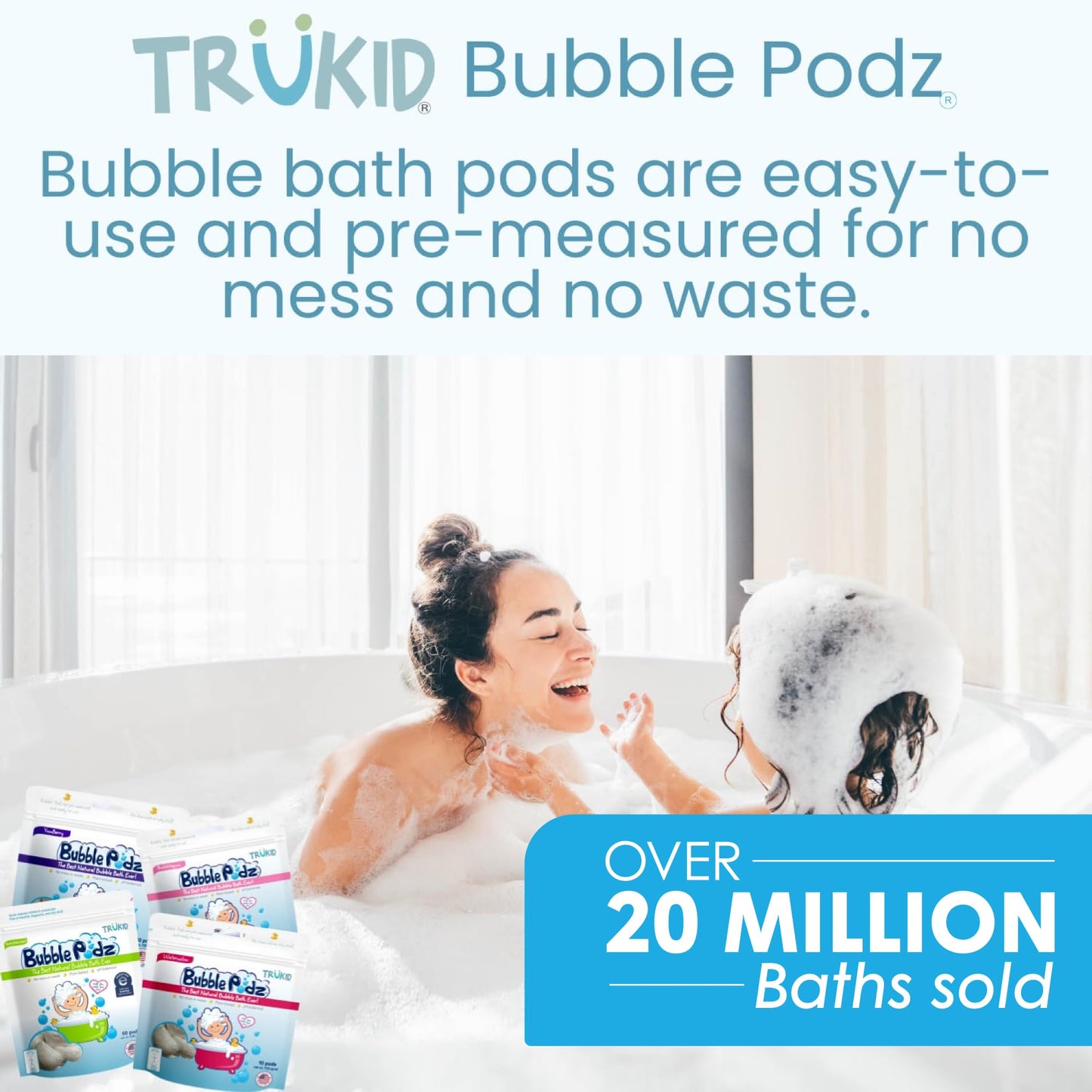 TruKid Bubble Podz Bubble Bath for Kids, Toddlers, & Babies, NEA-Accepted for Eczema, Gentle Refreshing Colloidal Oatmeal Bath Bomb for Sensitive Skin, pH Balanced, Tear Free, Unscented (24 Podz)