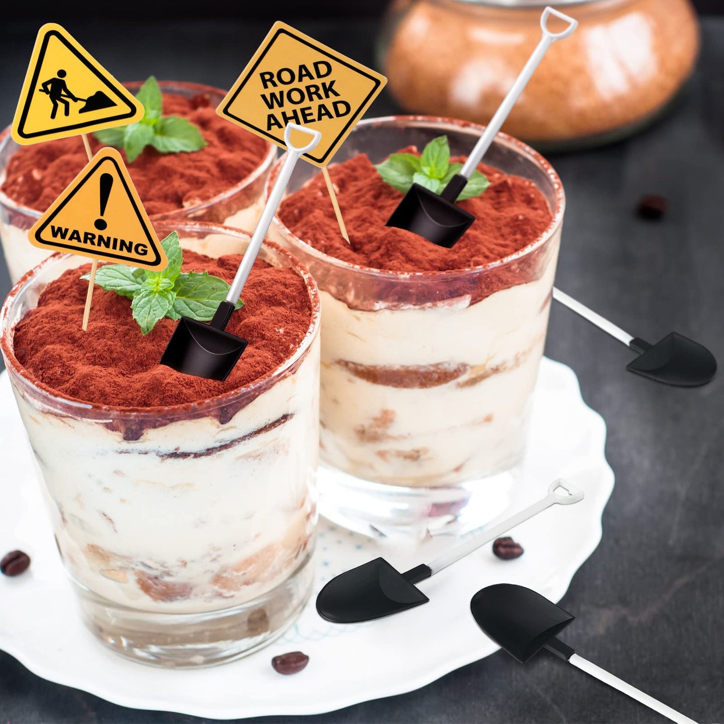 BBTO 150 Pieces Party Supplies - 50 Plastic Shovel Spoons, 50 Cake Dessert Cups, 50 Construction Cupcake Toppers for Themed Birthday Party