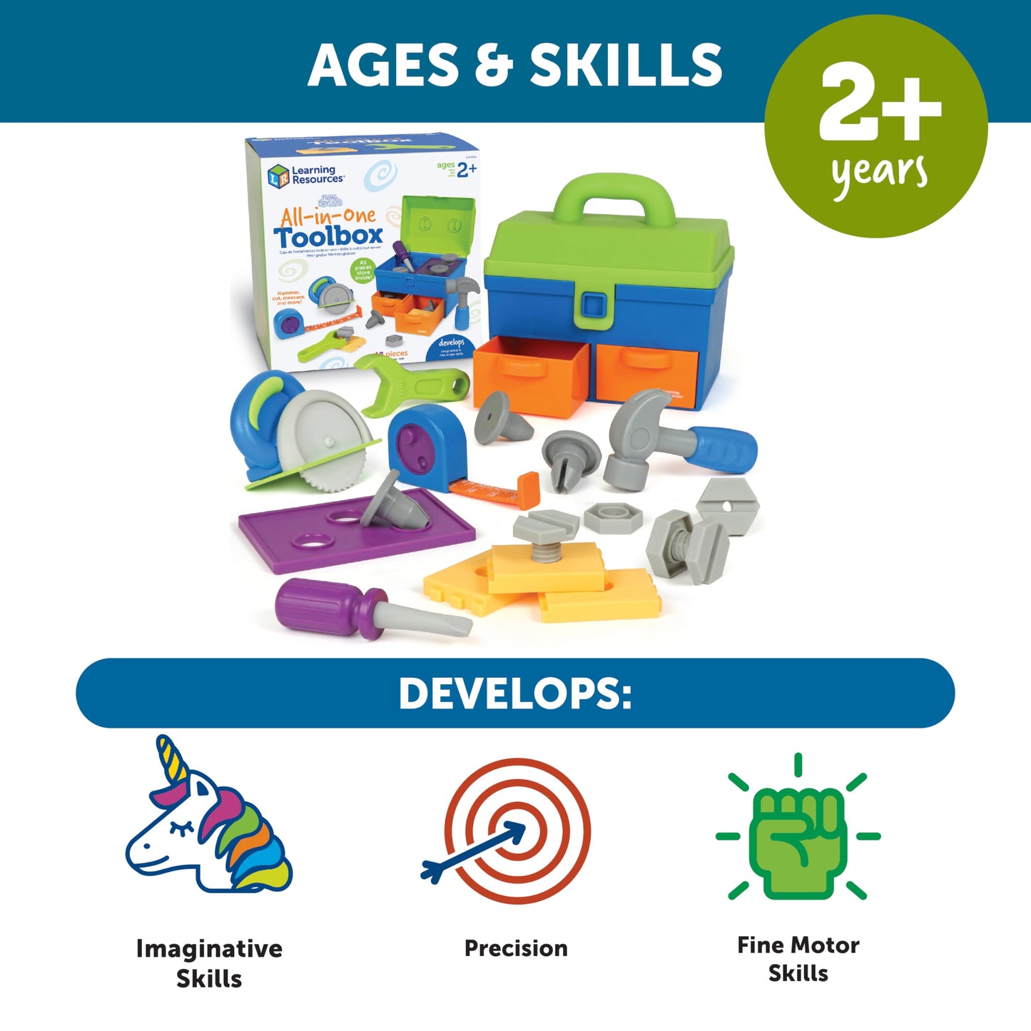 Learning Resources New Sprouts All-in-One Toolbox - Kids Tool Set, Toddler Toys, Fine Motor Skills, Pretend and Play Construction Box, Montessori Drill and Screw Toys, Gifts for Boys and Girls