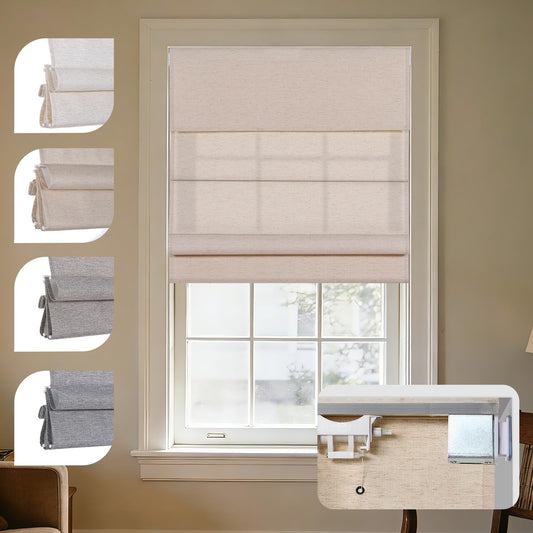 Persilux No Tools No Drill Cordless Roman Shades for Indoor Windows, Linen Fabric Light Filtering Roman Blinds, Privacy Window Shades for Living Room & Office,Custom Size,Light Filtering-Beige