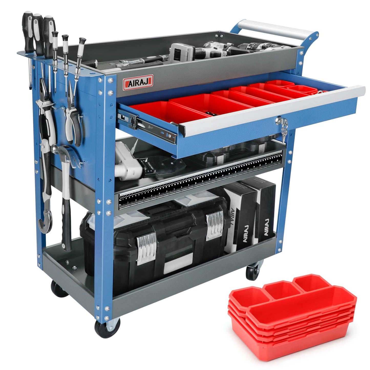 AIRAJ 3 Tier Rolling Tool Cart on Wheels | Mechanic Tool Cart with Drawers | Utility Carts for Garage,Repair Room,Warehouse Workshop | Work Carts with Hooks,Liners,Tray Dividers,Brake | Blue
