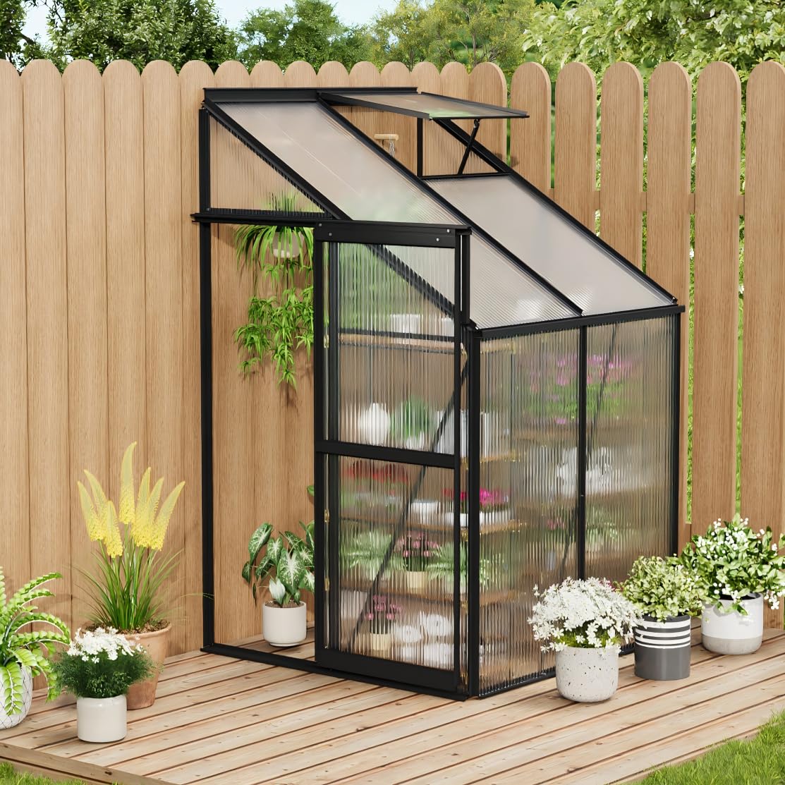 GarveeHome 4x4FT Lean to Greenhouse, Small Walk-in Polycarbonate Greenhouse with Adjustable Vent Window, Sliding Door, Portable Green House Kit for Outdoors, Winter