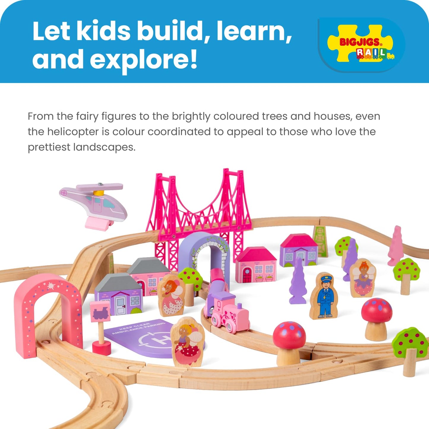 Bigjigs Rail Fairy Town Wooden Train Set | Railway Toy for Kids Age 3+ | Wood Track with Model Fairytale Village | Comes with Pink Wood Accessories & Figures | Educational Gift for Girls and Boys