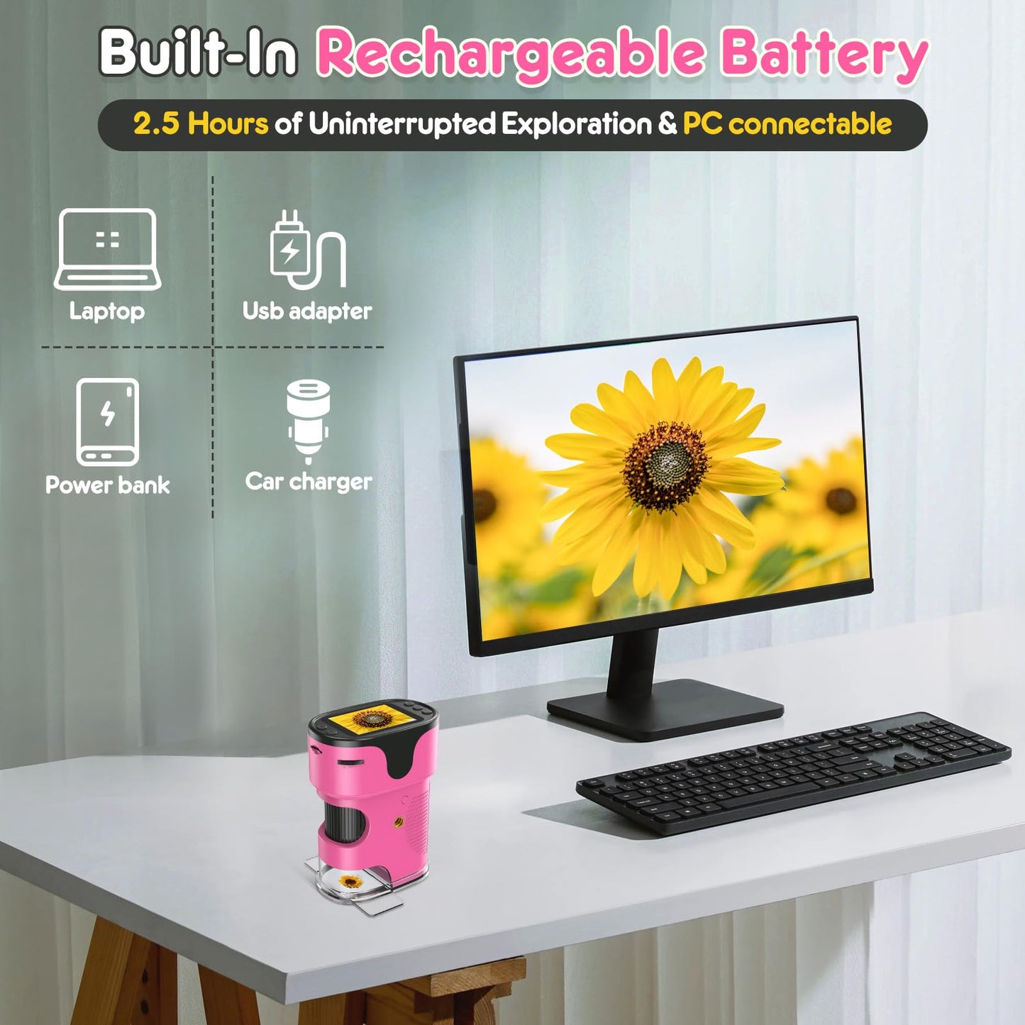 1000X Handheld Microscope for Kids 4K 2.0" Screen Rechargeable Mini Pocket Digital Microscopes w/Slides Kit Portable Edu Gift Age 4-6 8-12 Children Students (Pink)