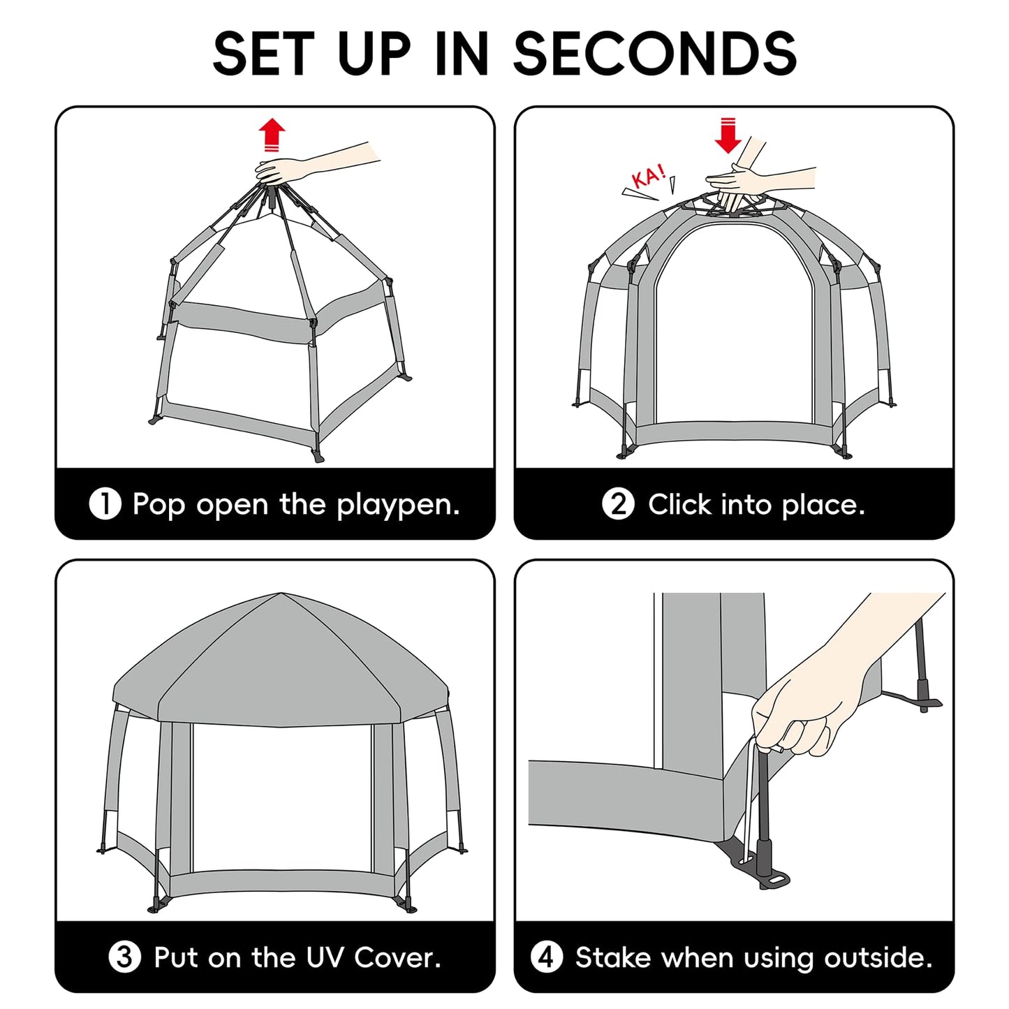 Palopalo Pop Up Baby Playpen with UPF50+ Canopy & Mat, Indoor & Outdoor Foldable Play Pen for Babies and Toddlers, Portable Baby Beach Tent with Travel Bag, Pop Up Pack and Play Yard, Grey