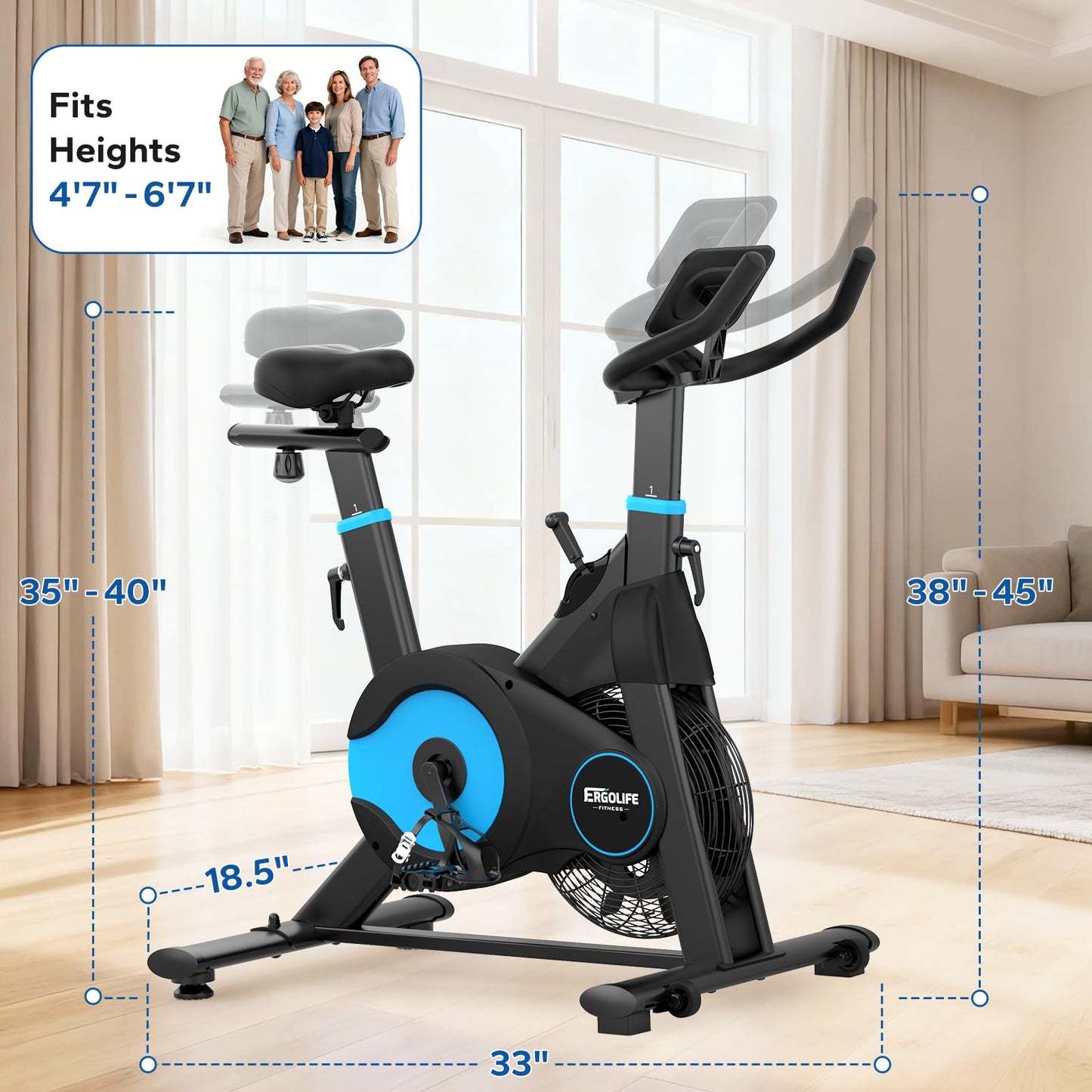 ERGOLIFE Air + Magnetic Resistance Exercise Bike, Stationary Fan Bike with Exclusive App, 8 Resistances Indoor Cycling with 300lbs Weight Capacity & Tablet Holder for Weight Loss