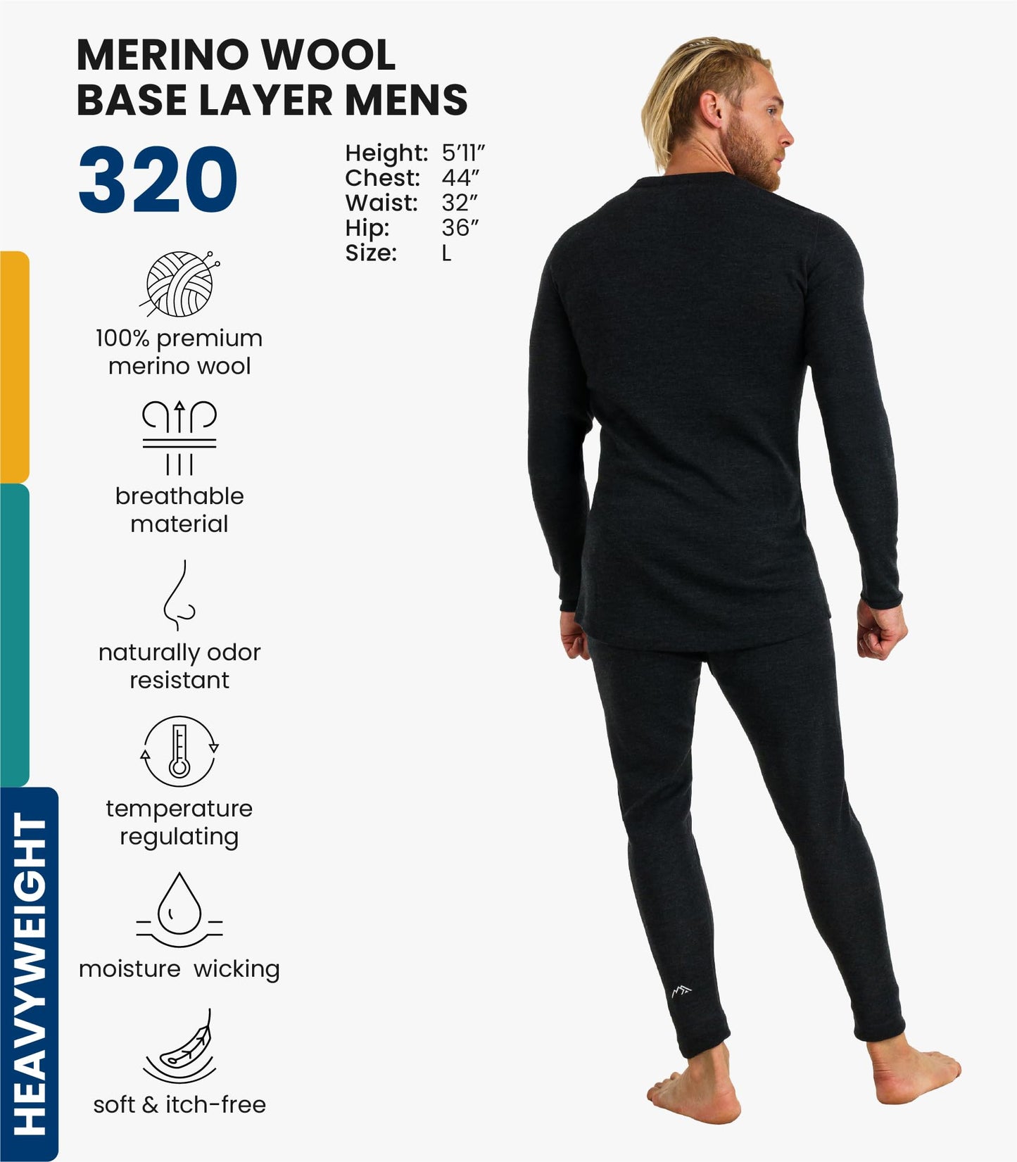 Merino.tech Merino Wool Base Layer Mens Set - Heavyweight, Midweight, Lite Merino Wool Thermal Underwear For Men Top, Bottom (Medium, 320 Charcoal Grey)