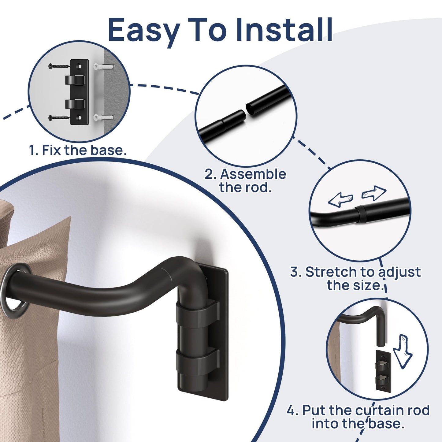 ENJOYBASICS Blackout Curtain rod for windows 48 to 84, 5/8 in Wrap Around Curtain Rods for Bedroom, Living Room, Adjustable from 30 to 86 Inches, Matte Black