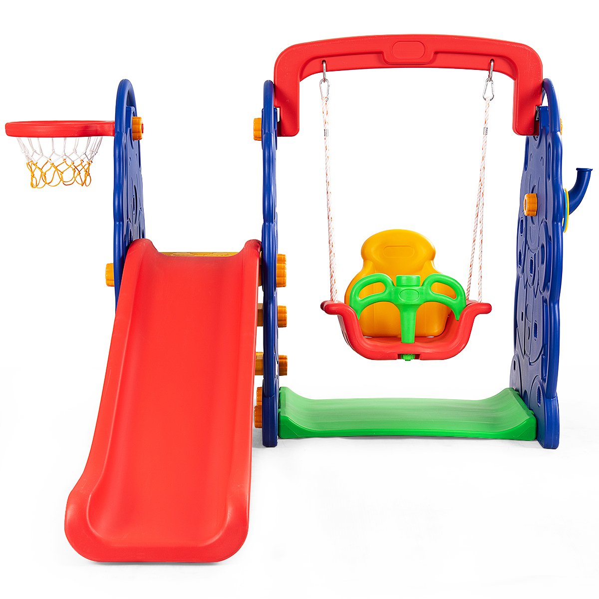HONEY JOY Swing and Slide Set for Toddler, 4-in-4 Kids Play Climber Swing Playset w/Basketball Hoop, Extra Long Slide with Buffer Zone, Easy Setup Climb Stairs for Indoor Outdoor Games