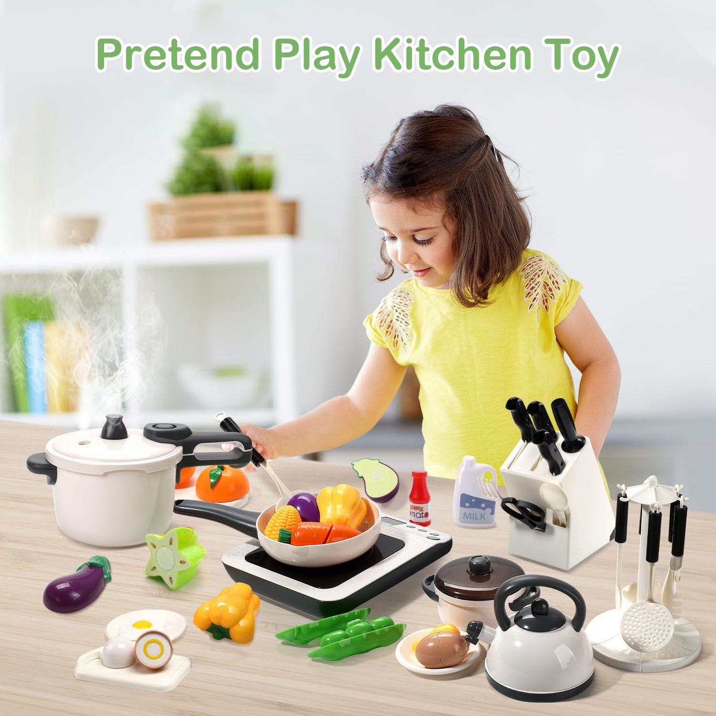 CUTE STONE Pretend Play Kitchen Toy with Cookware Steam Pressure Pot and Electronic Induction Cooktop, Cooking Utensils, Toy Cutlery, Cut Play Food, Shopping Basket Learning Toy for Girls Boys