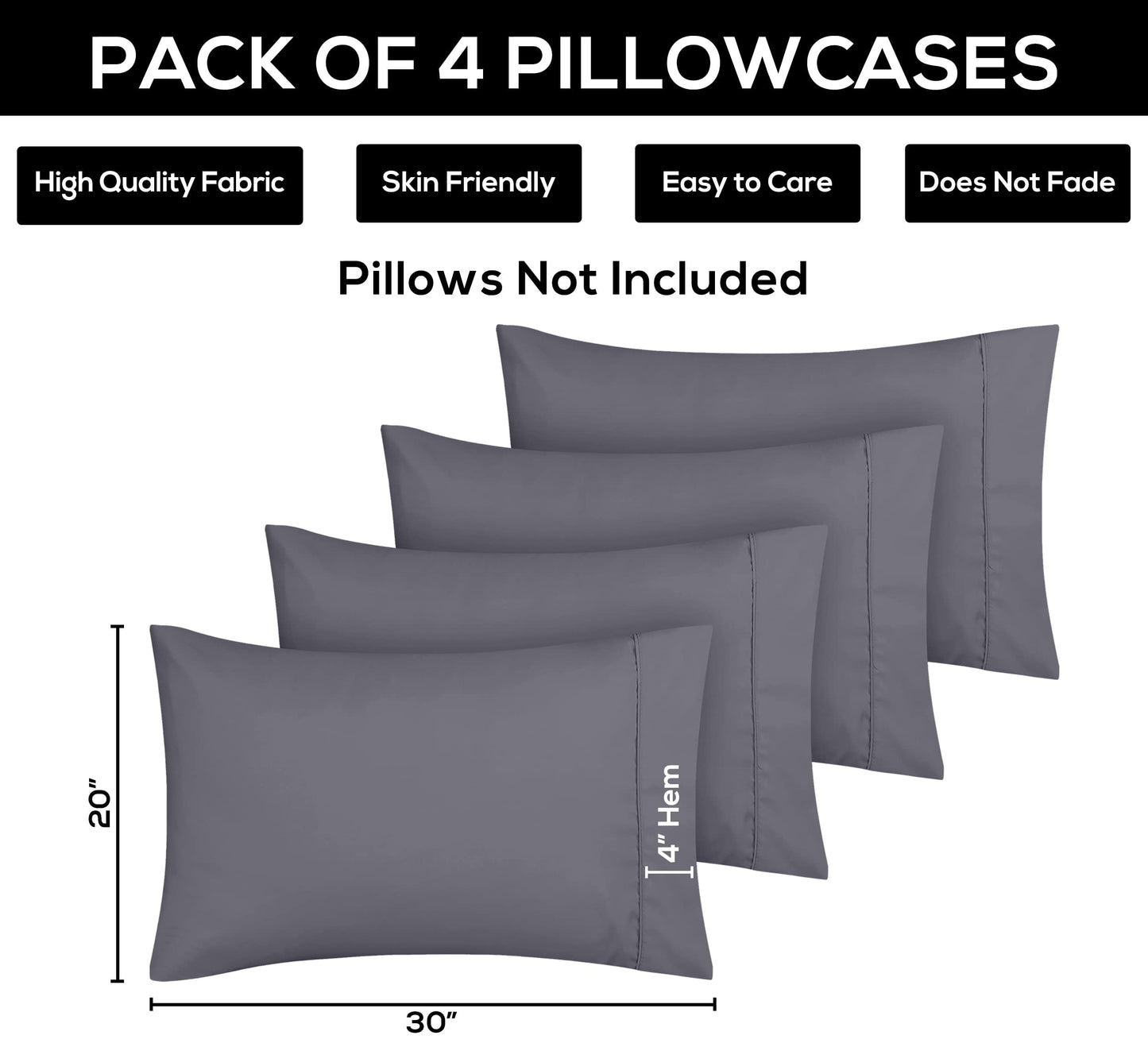Utopia Bedding Queen Pillow Cases - 4 Pack - Envelope Closure - Soft Brushed Microfiber Fabric - Shrinkage and Fade Resistant Pillow Covers Queen Size 20 X 30 Inches (Queen, Grey)