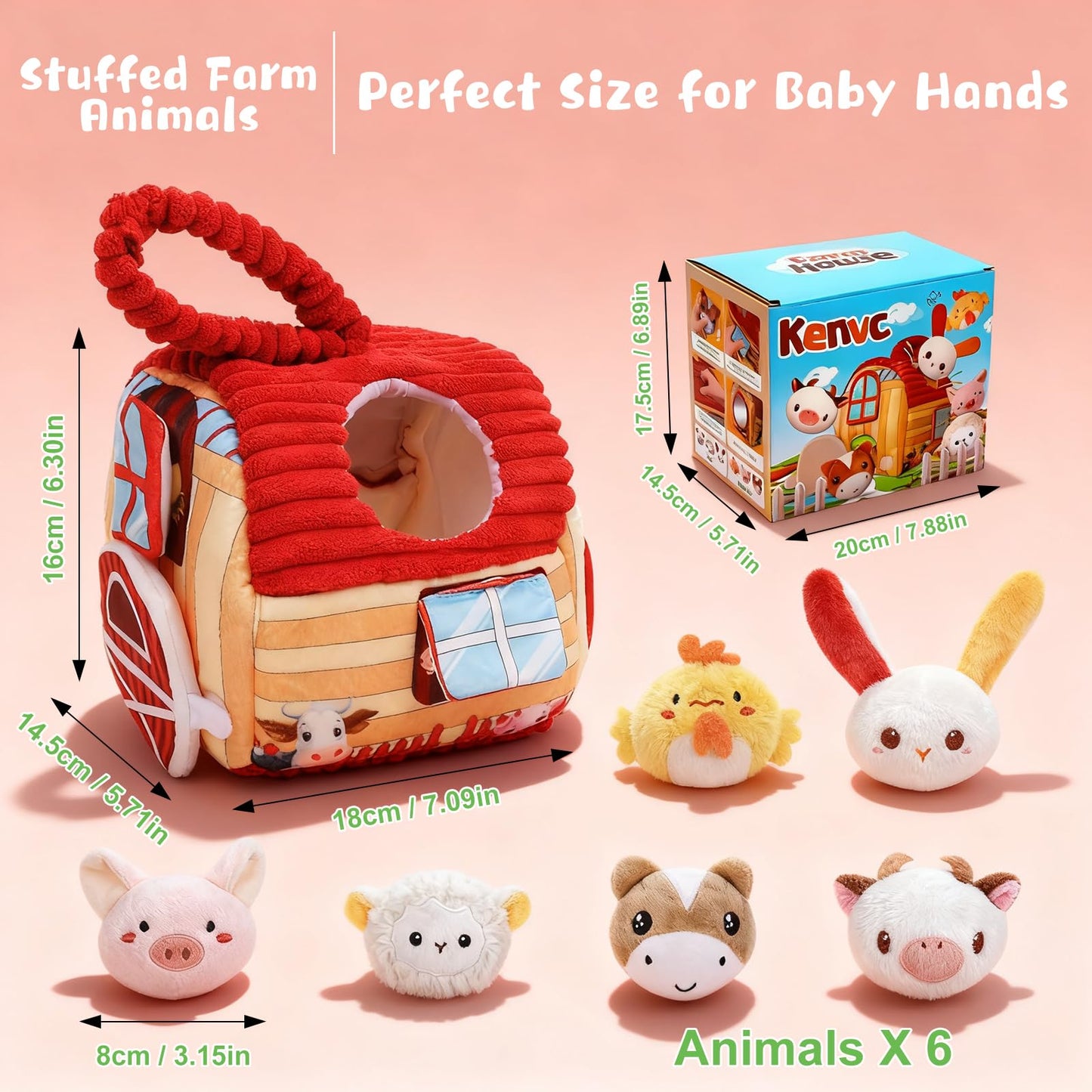 kenvc Baby Toys for 6-12 Months, Barn Stuffed Farm Animals with Sounds & Ring, Plush Animals Toys Have Mirror Montessori Educational Toys Sensory for Developmental for Infants & Toddler Toy Gift