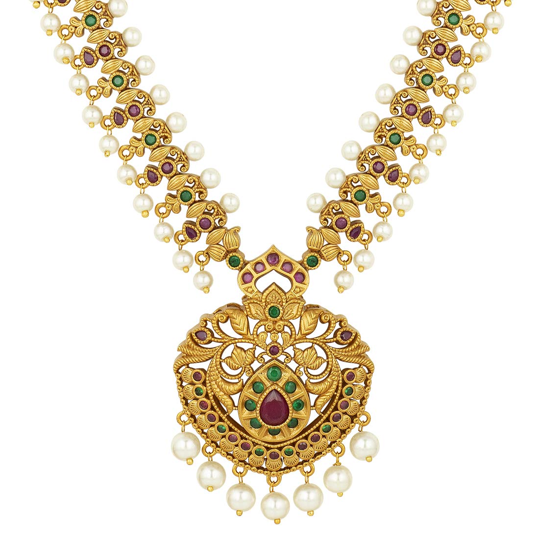Aheli South Indian Traditional CZ Designer Necklace Earrings Bollywood Ethnic Wedding Bharatanatyam jewellery Set Gift for Women Pear Red