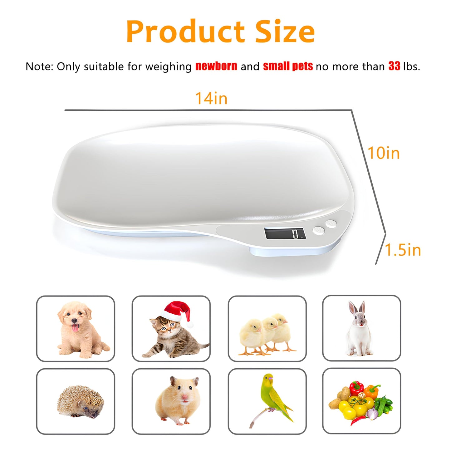 HMRCYTE Small Animal Digital Scale, Pet Scale with LCD Display, Puppy Scale, Electronic Kitchen Food Scale, (Max 33lbs),14 x 10 inches, for Weighing Kitten, Puppies, Hamster, Newborn Pets (White)