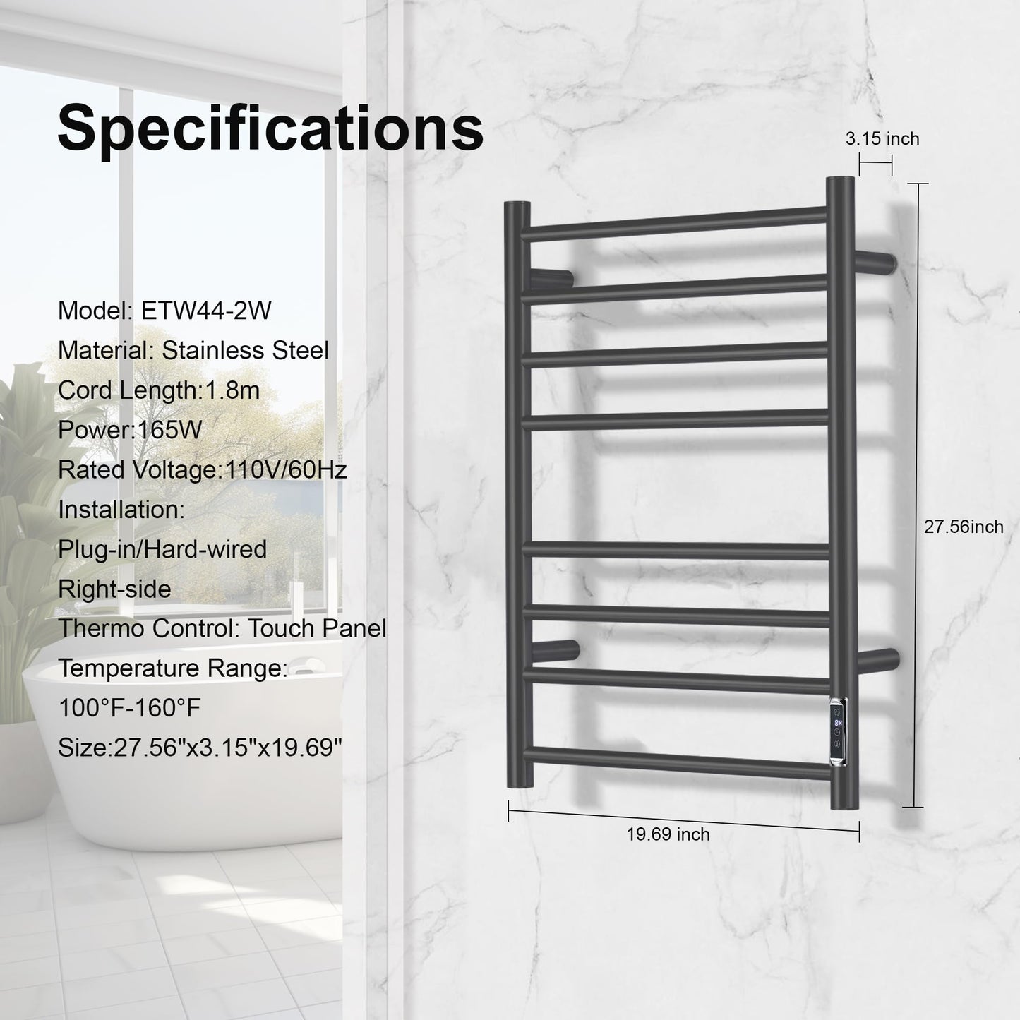 SHARNDY Electric Towel Warmer with Built-in Timer - Wall Mounted Bathroom Heated Towel Rack, Plug-in Design & Black Brushed Stainless Steel Finish