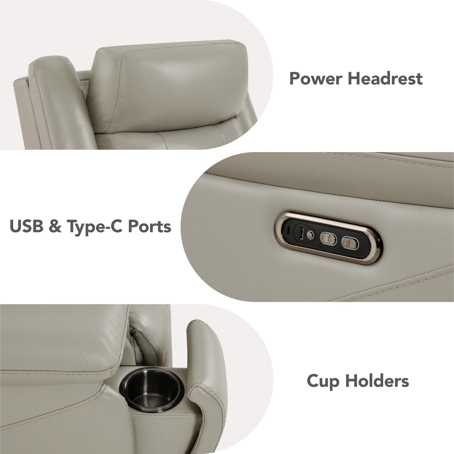 Watson & Whitely Genuine Leather Power Recliner Chair for Adults, Wall Hugger Recliner with Power Headrest, Cup Holders & Charging Ports, Electric Reclining Chairs for Living Room, RV, Grey