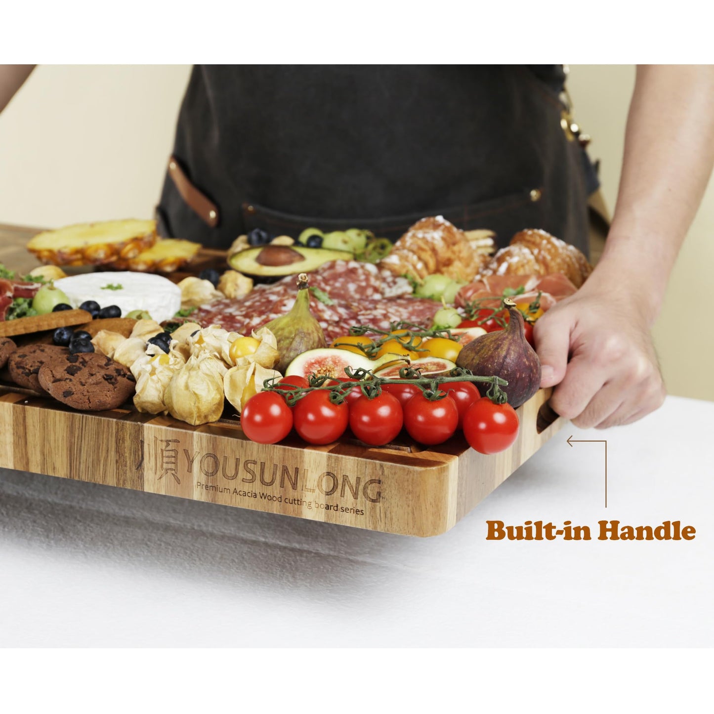 YOUSUNLONG Cutting Board XXL Large End Grain Acacia Wood Mixed With Oak - 24x18x1.5 Inch - Reversible Butcher Chopping Board With Deep Juice Groove And Handle - Cheese Board & Cooktop Board