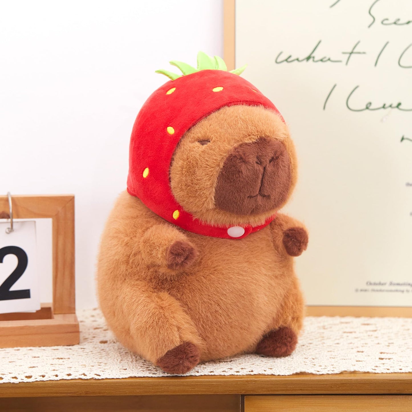 Athionsu 9’’ Capybara Plush with Strawberry Hood Cute Kawaii Soft Stuffed Animal Toy Cozy Plush Pillow for Toddler Kids Boys Girls