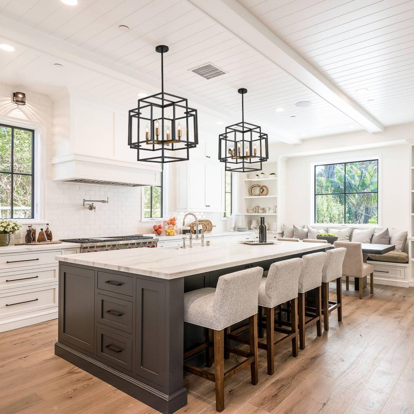 WJShome 4-Light Black and Gold Chandelier, Farmhouse Lantern Pendant Light, Industrial Ceiling Foyer Lighting Fixtures, Modern Chandeliers for Dining Room, for Kitchen Island Entryway Staircase
