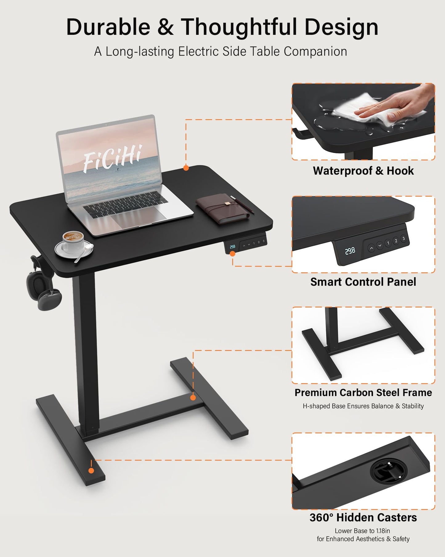 FiCiHi Small Electric Standing Desk - Adjustable Height Bedside Laptop Table with Wheels, Mobile, Rolling Computer Sit Stand Desks, Movable, Home Office, Sofa, Couch Use (24x16,Black)