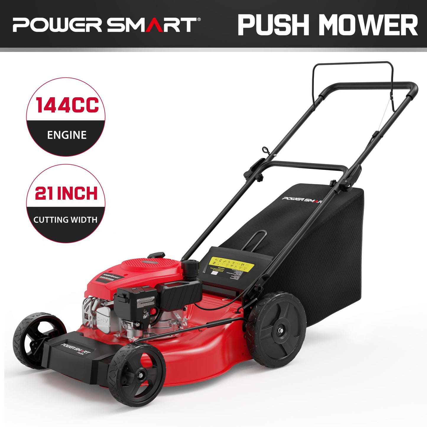 PowerSmart 21" 3-in-1 Push Lawn Mower, 144cc Engine,Mulching, Bagging, Discharging, High Wheels, Lightweight and Easy Assembly,6 Cutting Height, Lightweight,for Garden Yard