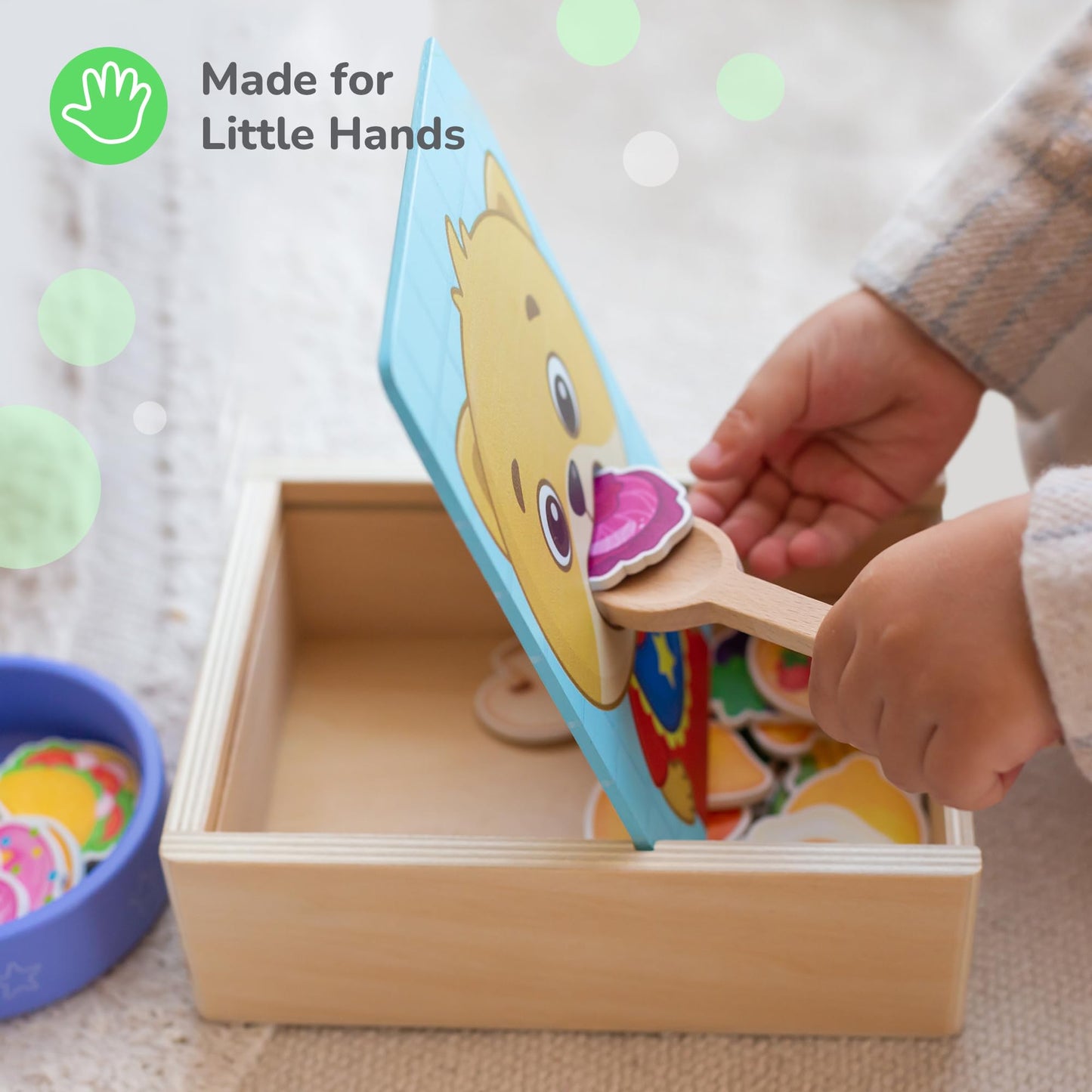 Bimi Boo Wooden Feeding Toy - Montessori Pretend Play Food Set for Toddlers 1-4+ - Fine Motor Skills Scooping Toy for Kids (27 Various Foods, a Spoon, Bowl)