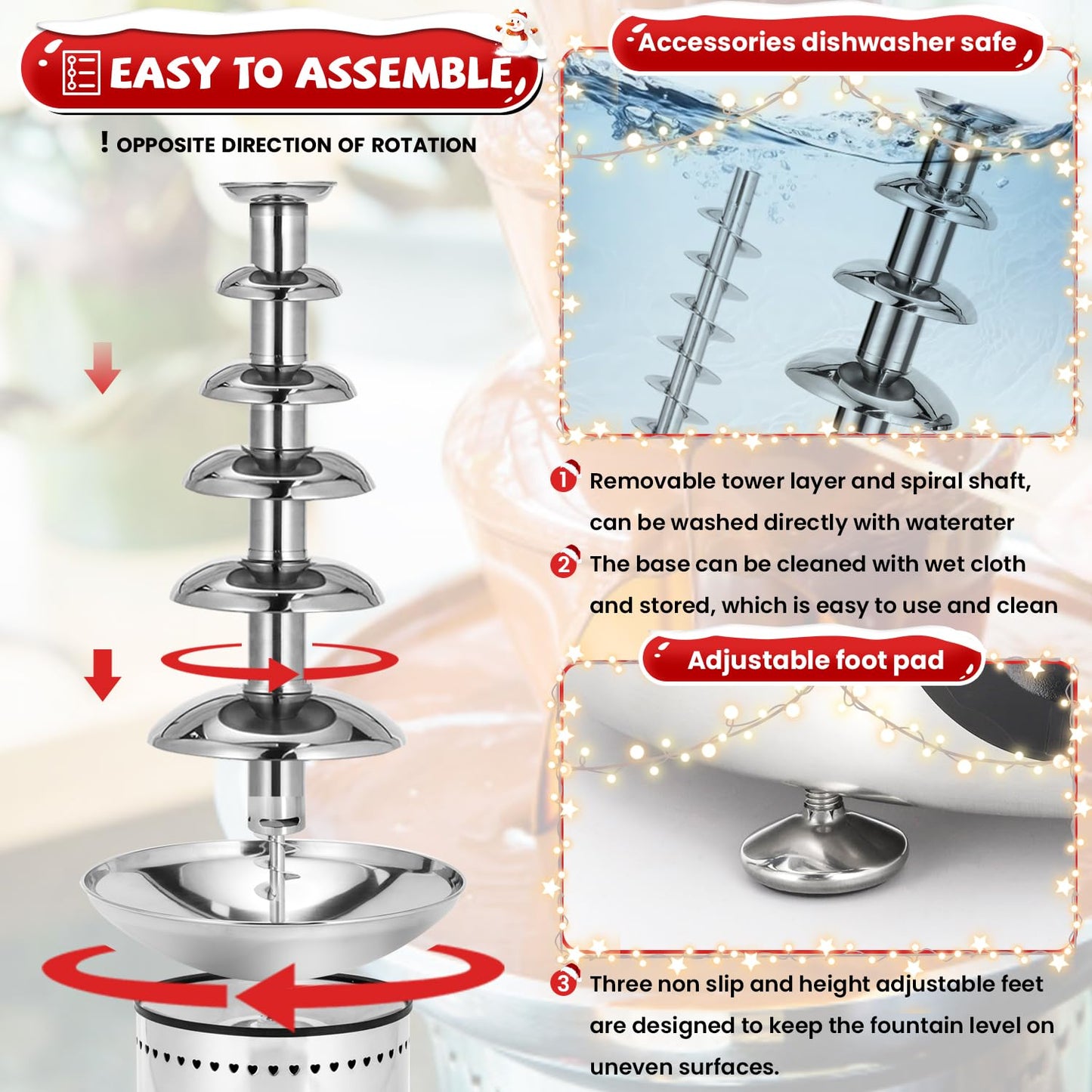 Flyseago Commercial Chocolate Fountain 6 Layers 19Lbs Large Chocolate Fondue Tower Stainless Steel Hot Chocolate Waterfall for Nacho Cheese Knob Control