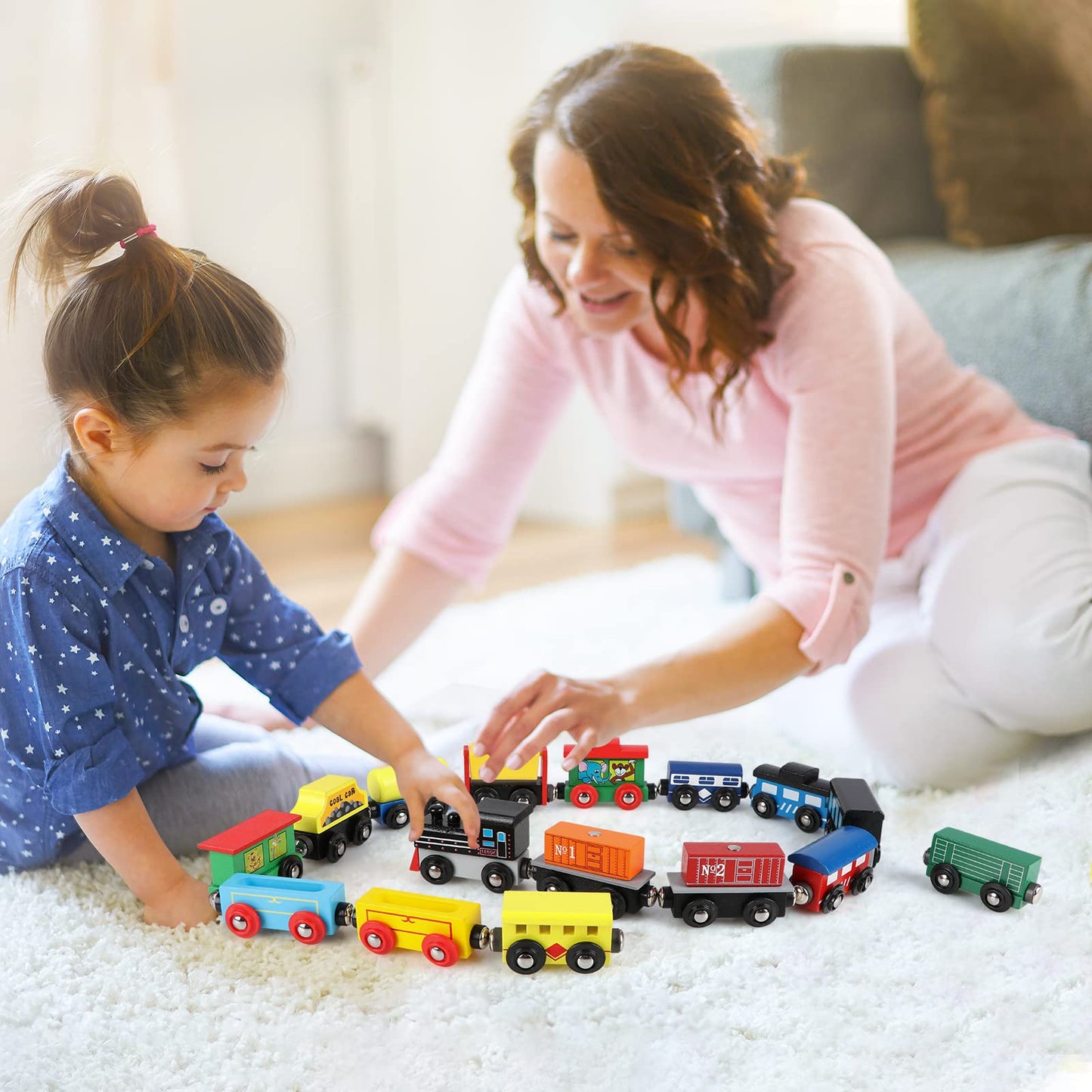 Wondertoys Wooden Train Set 16 PCS Train Toys Magnetic Set Includes Storage Bag - Wooden Track Accessories - Wooden Magnetic Car Set for Toddlers Kids Boys and Girls